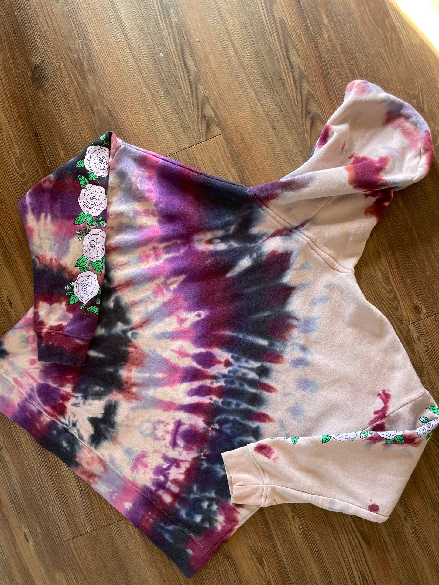 Medium Women's Empyre Dead Roses Handmade Tie Dye Hoodie | Pink and Purple Pleated Tie Dye Long Sleeve Sweatshirt