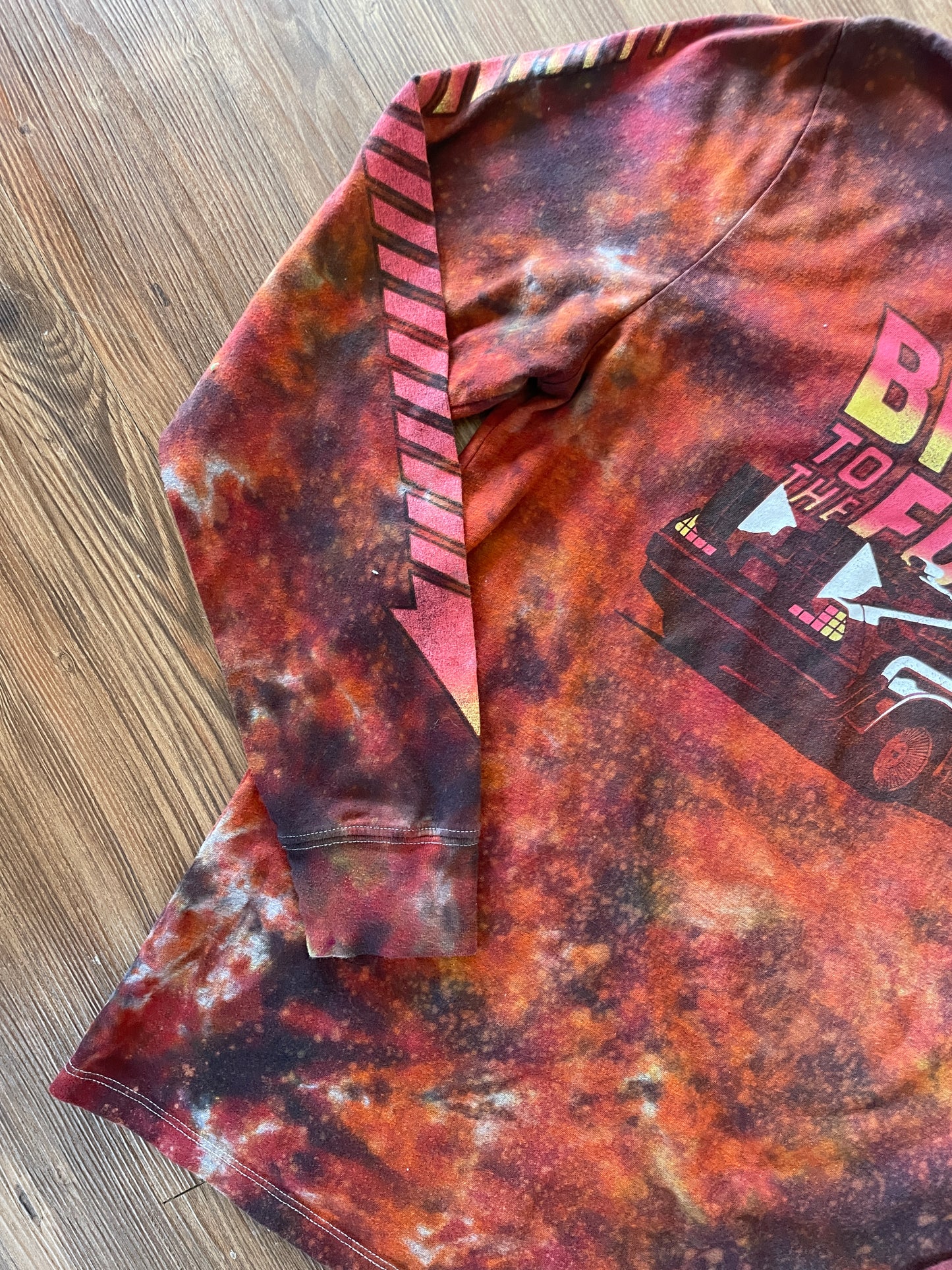 Medium Men’s Back to the Future DeLorean Handmade Tie Dye Long Sleeve T-Shirt | Red, Orange, and Black Fire Dye Tie Dye Long Sleeve