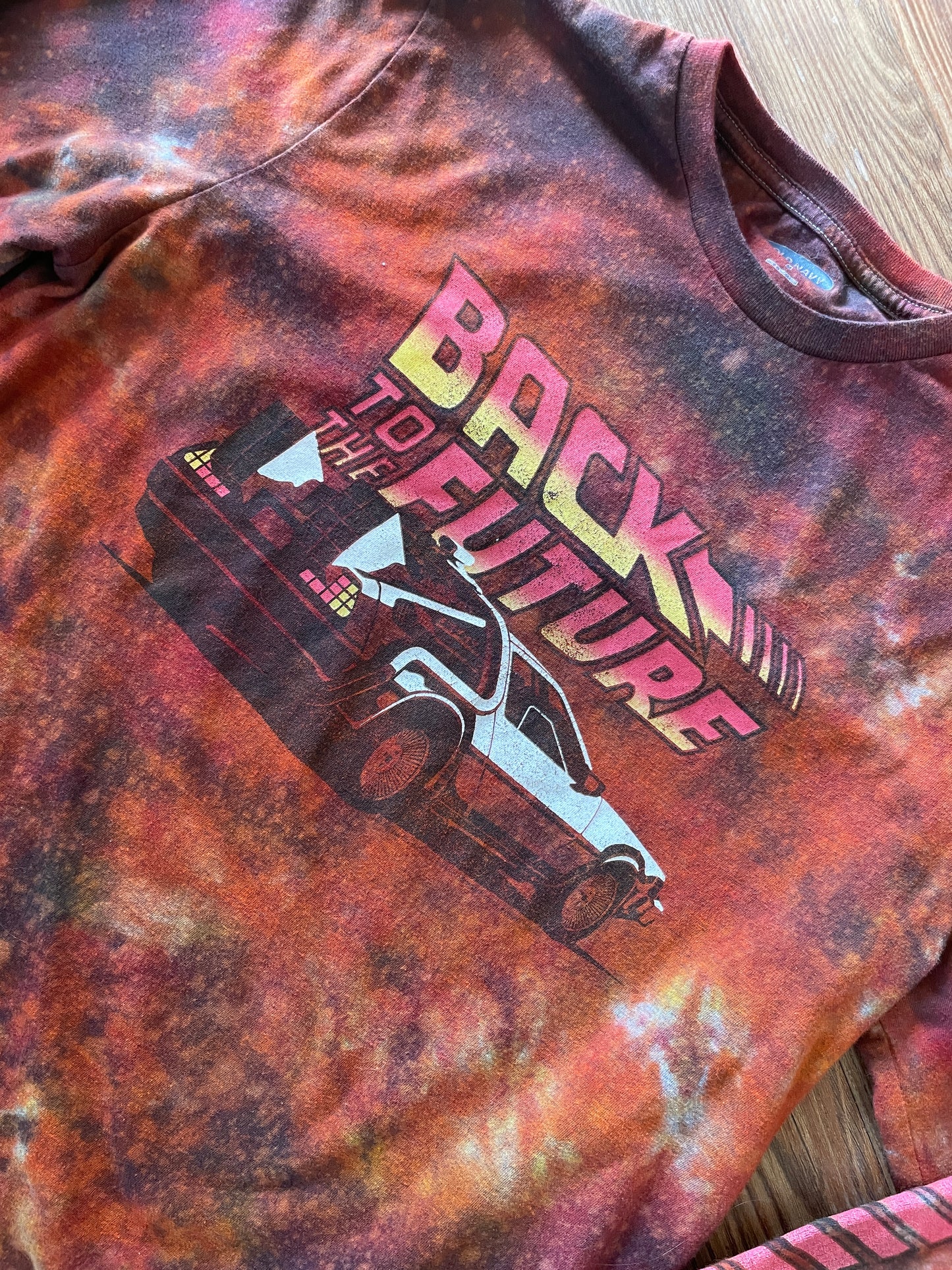 Medium Men’s Back to the Future DeLorean Handmade Tie Dye Long Sleeve T-Shirt | Red, Orange, and Black Fire Dye Tie Dye Long Sleeve