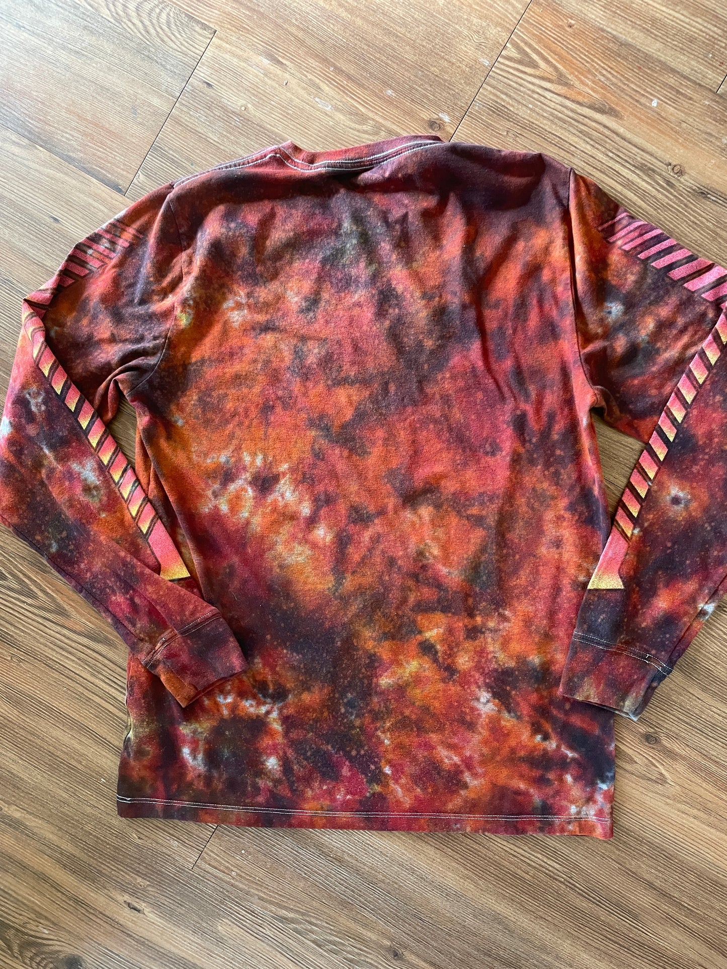 Medium Men’s Back to the Future DeLorean Handmade Tie Dye Long Sleeve T-Shirt | Red, Orange, and Black Fire Dye Tie Dye Long Sleeve