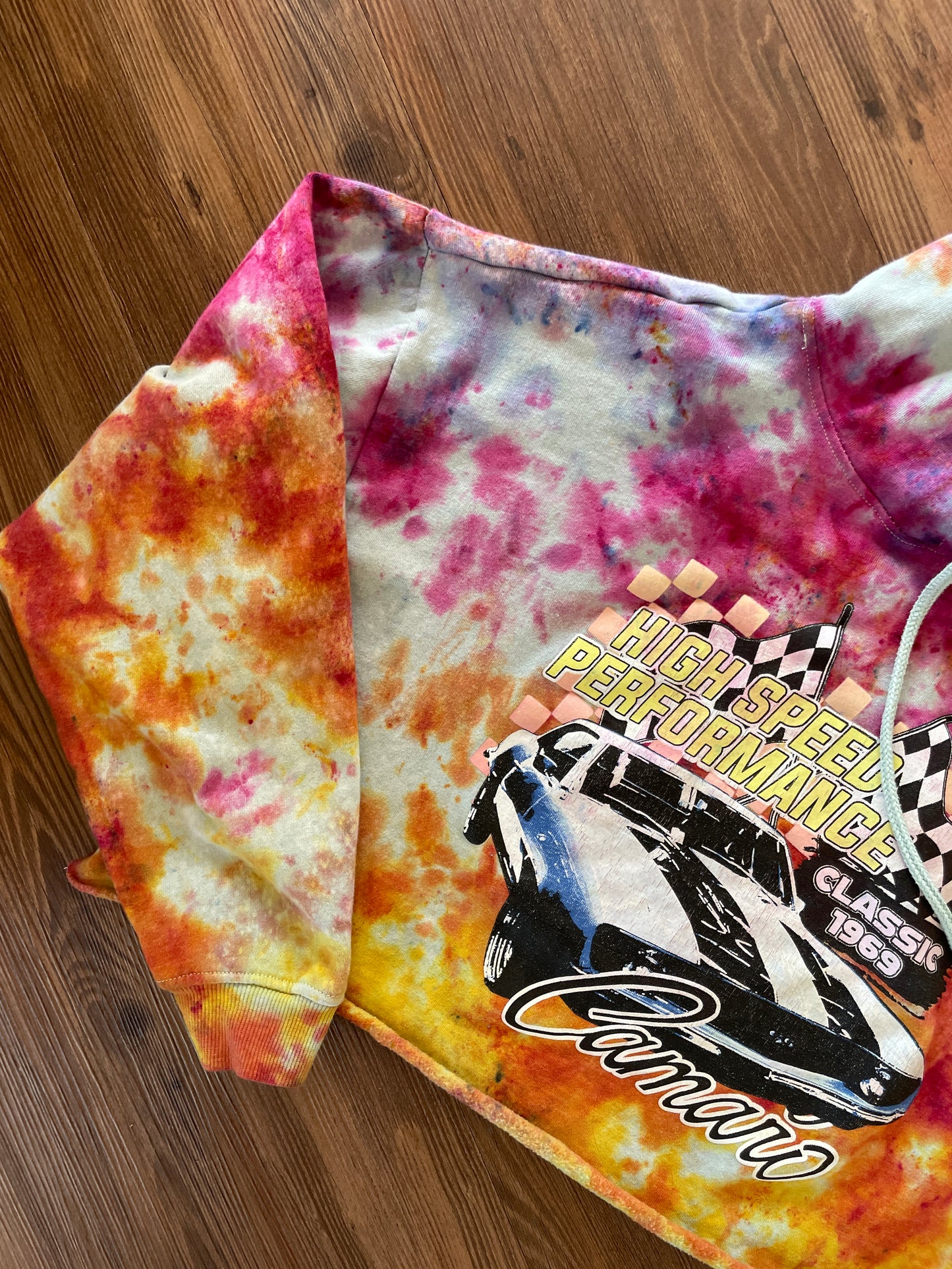 Large Unisex 1969 Camaro Handmade Tie Dye Cropped Hoodie | Pastel Purple, Pink, and Orange Crumpled Tie Dye Long Sleeve