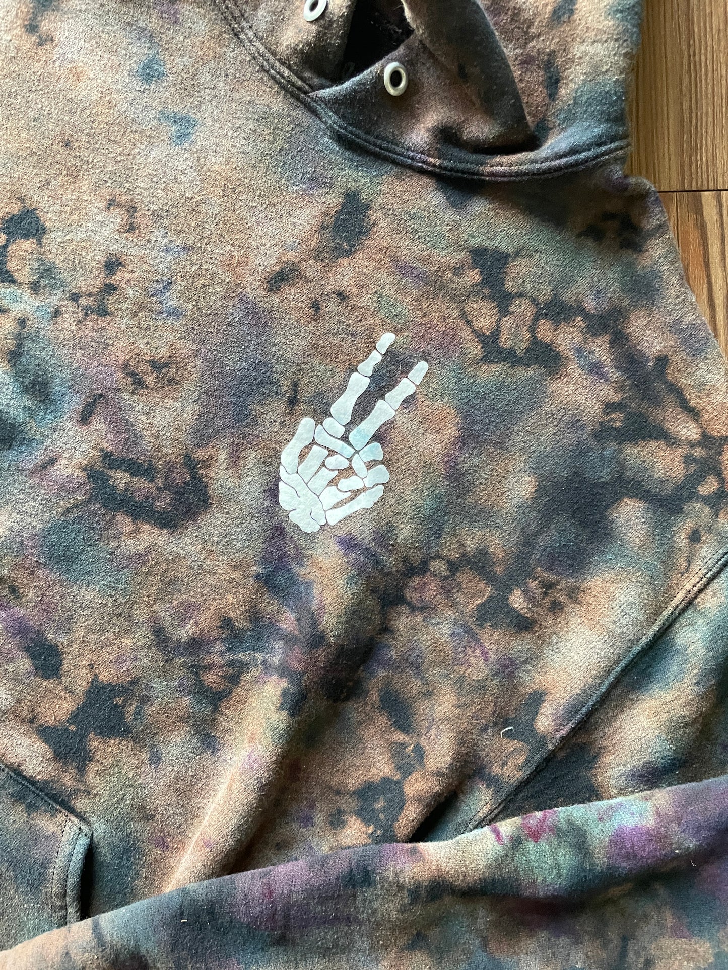 Medium Women’s Skeleton Peace Sign Bleach Dye Hoodie | Black and Pastel Purple and Blue Long Sleeve Sweatshirt