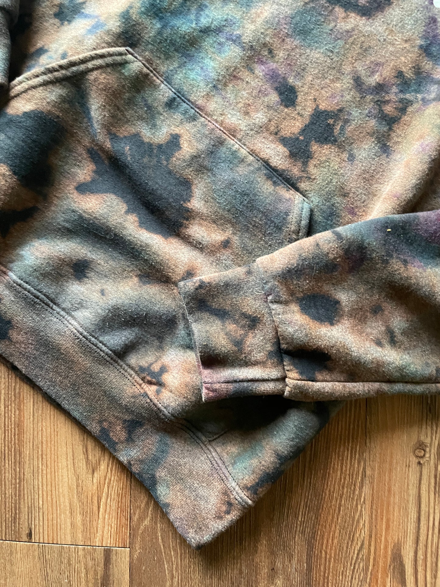 Medium Women’s Skeleton Peace Sign Bleach Dye Hoodie | Black and Pastel Purple and Blue Long Sleeve Sweatshirt