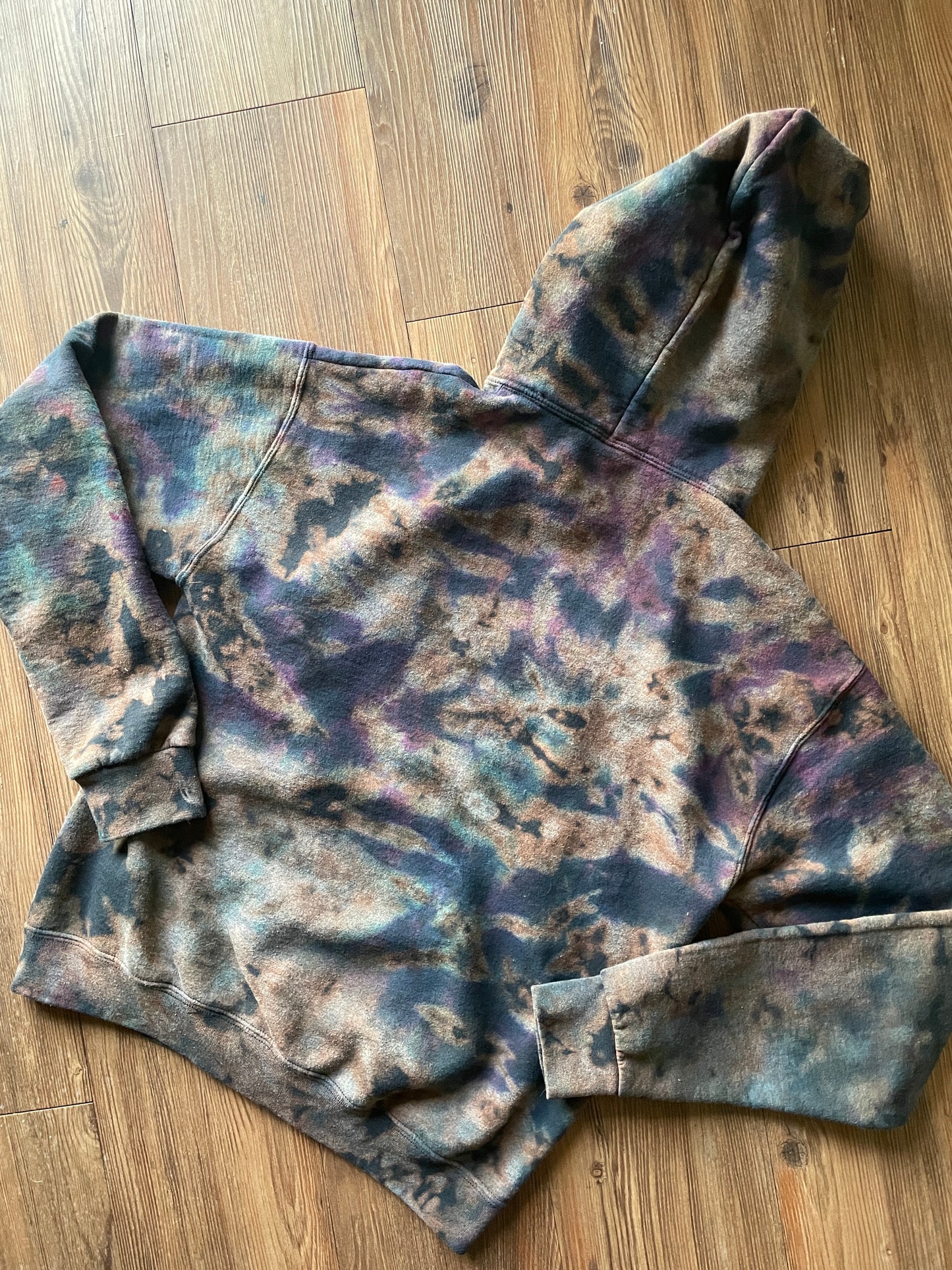 Medium Women’s Skeleton Peace Sign Bleach Dye Hoodie | Black and Pastel Purple and Blue Long Sleeve Sweatshirt