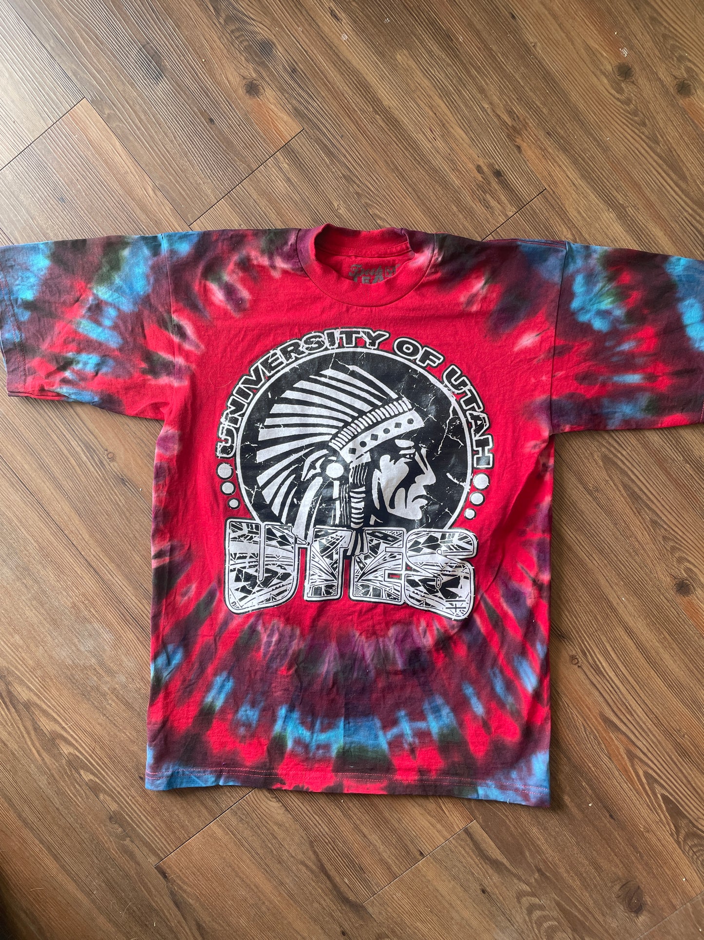 Medium Men’s University of Utah Utes Tie Dye T-Shirt | Red Black and Blue Tie Dye Short Sleeve