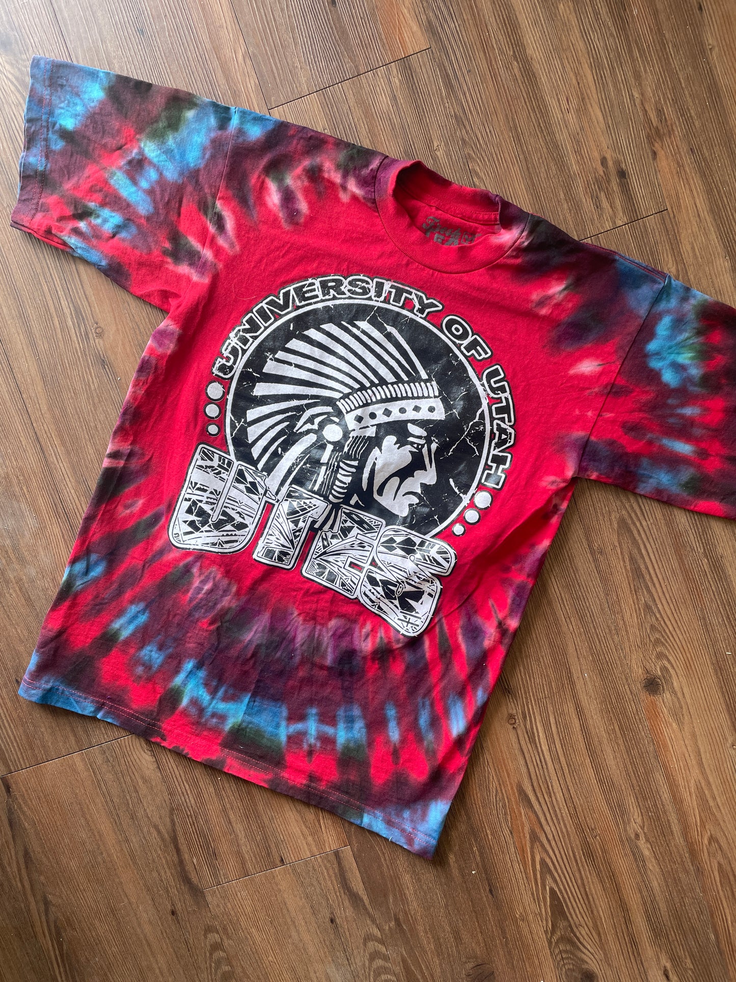 Medium Men’s University of Utah Utes Tie Dye T-Shirt | Red Black and Blue Tie Dye Short Sleeve