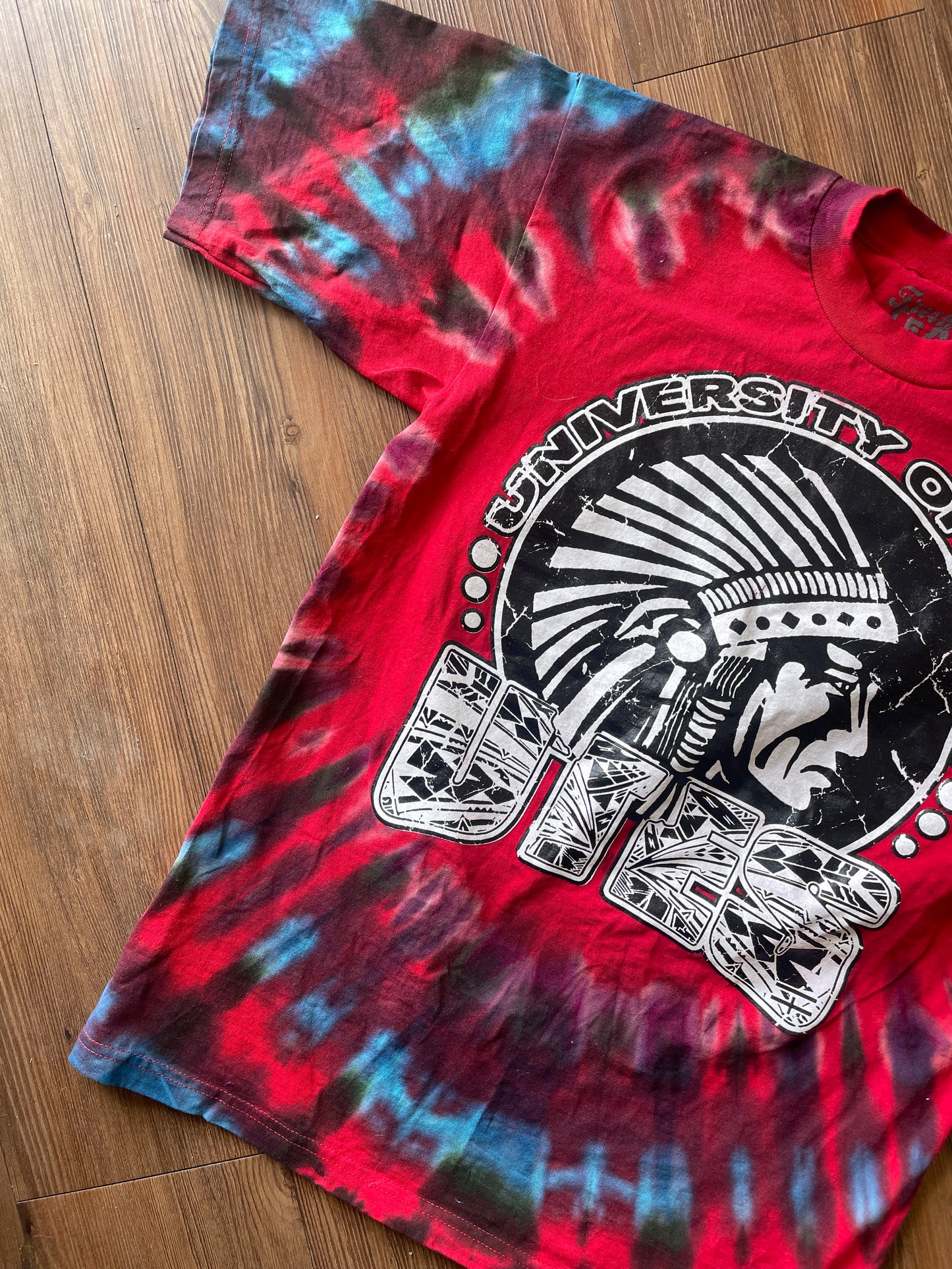 Medium Men’s University of Utah Utes Tie Dye T-Shirt | Red Black and Blue Tie Dye Short Sleeve