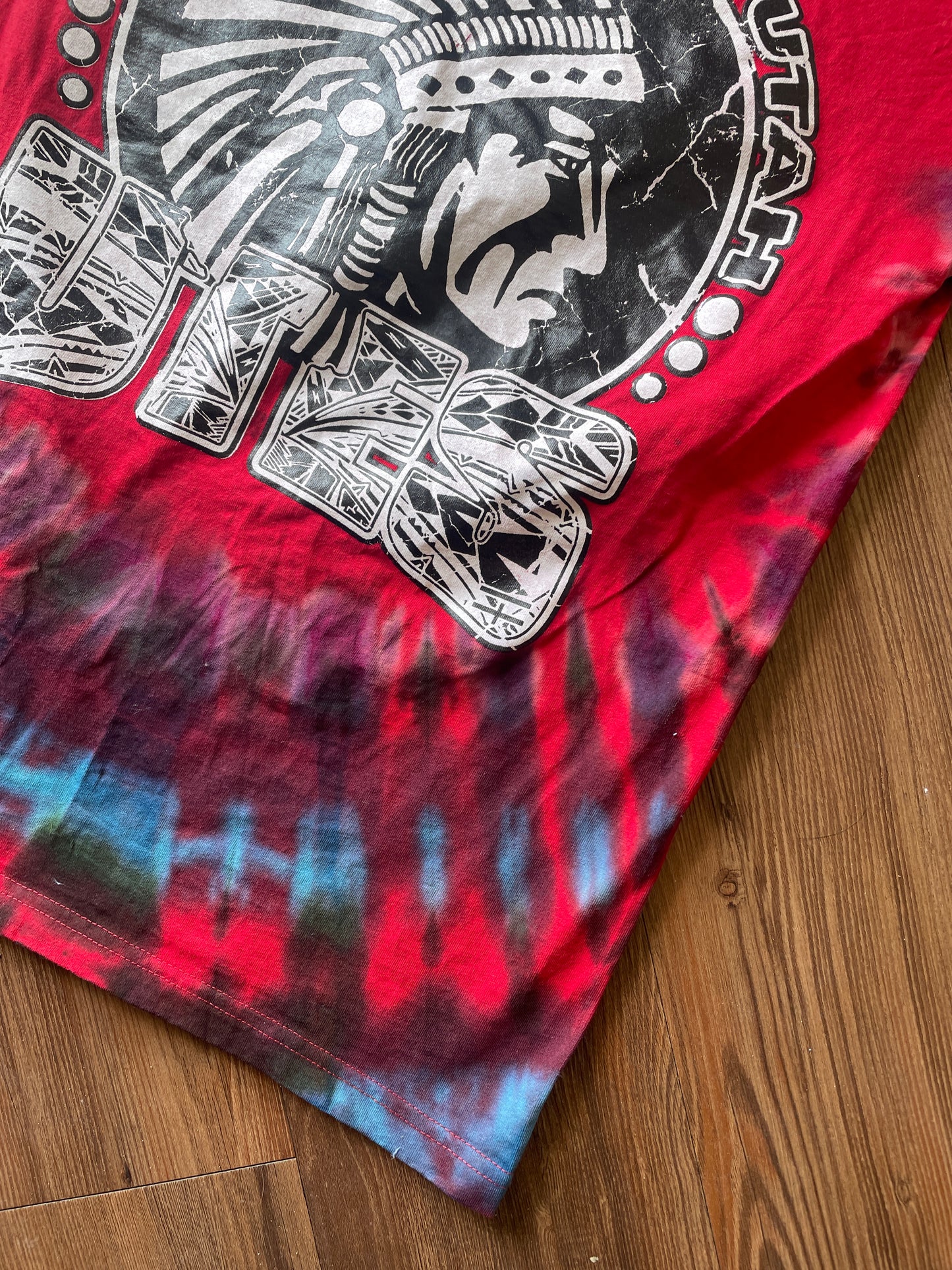 Medium Men’s University of Utah Utes Tie Dye T-Shirt | Red Black and Blue Tie Dye Short Sleeve