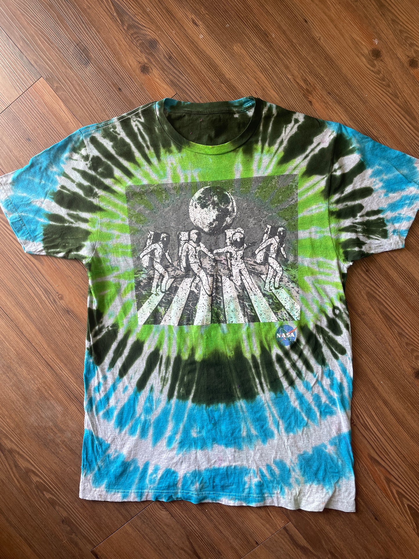 Medium Men’s NASA Dance on the Moon Tie Dye T-Shirt | Blue and Green Tie Dye Short Sleeve