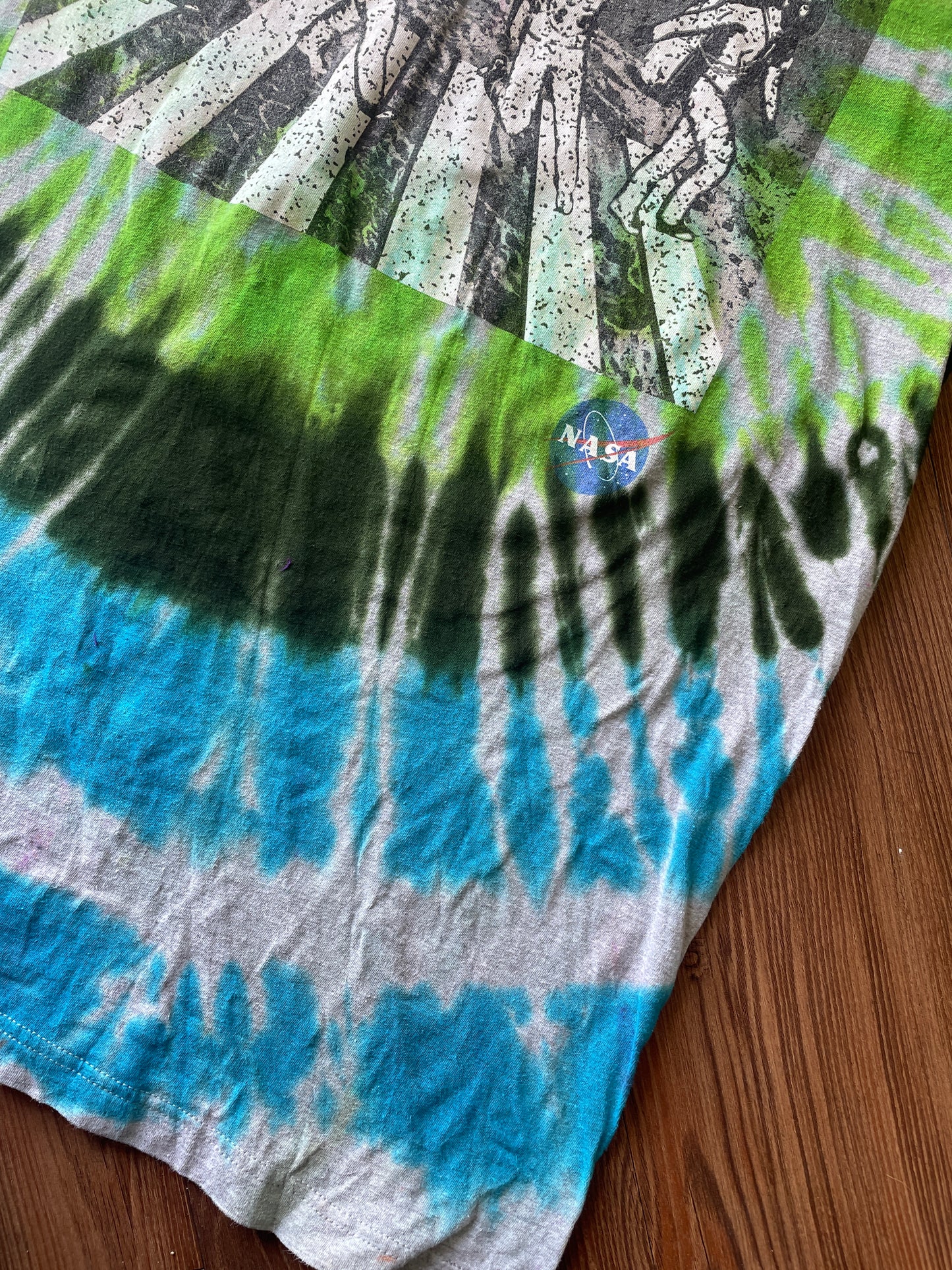 Medium Men’s NASA Dance on the Moon Tie Dye T-Shirt | Blue and Green Tie Dye Short Sleeve