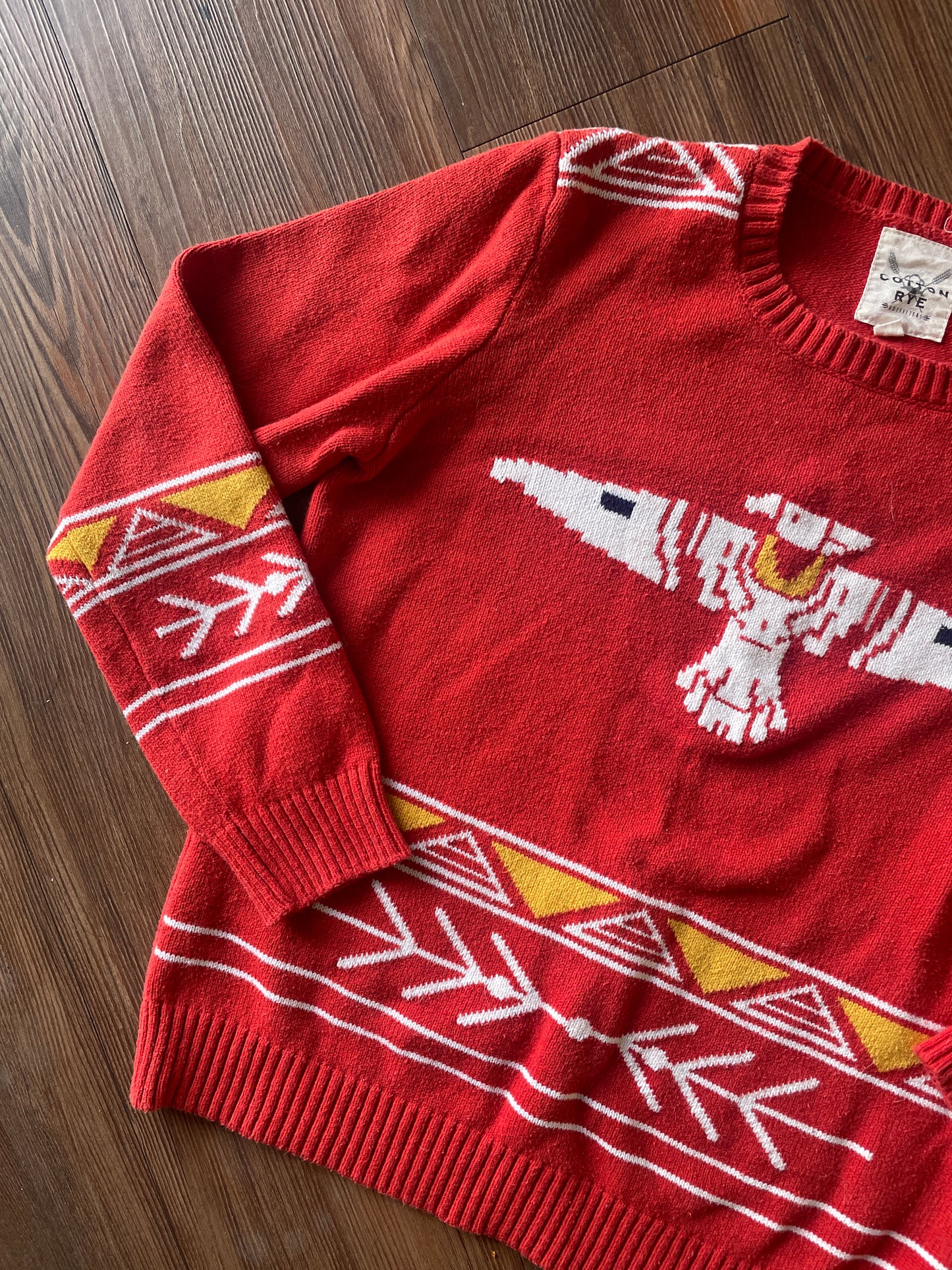 Small Women’s Red Cotton & Rye Southwestern Geometric Thunderbird Sweater