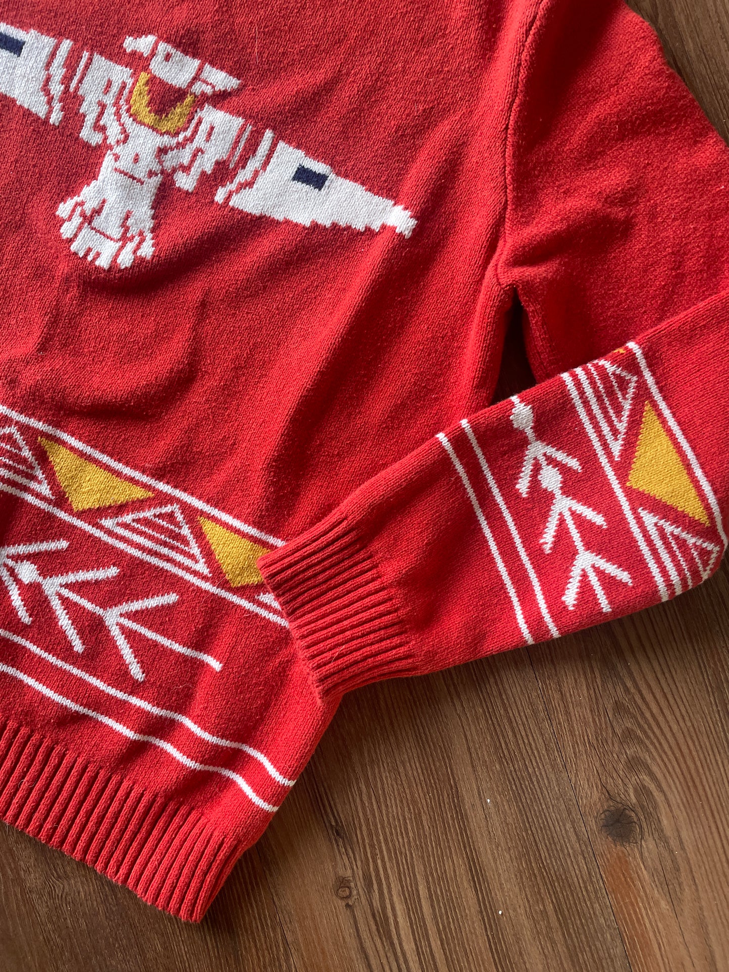 Small Women’s Red Cotton & Rye Southwestern Geometric Thunderbird Sweater