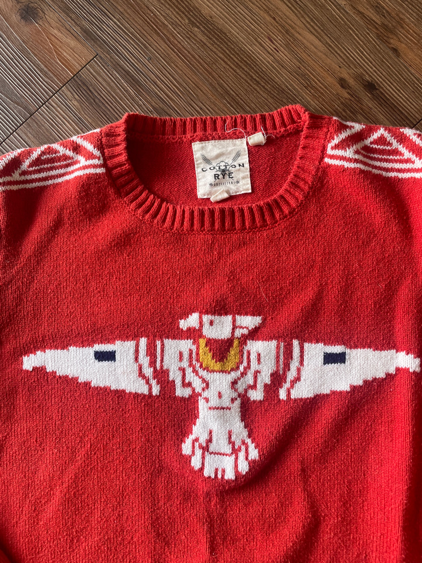 Small Women’s Red Cotton & Rye Southwestern Geometric Thunderbird Sweater