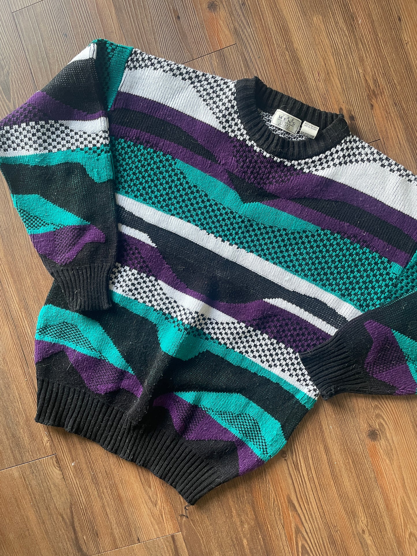 Medium The Sears Men’s Store Purple and Green Coogi-Style 90s Geometric Knit Sweater