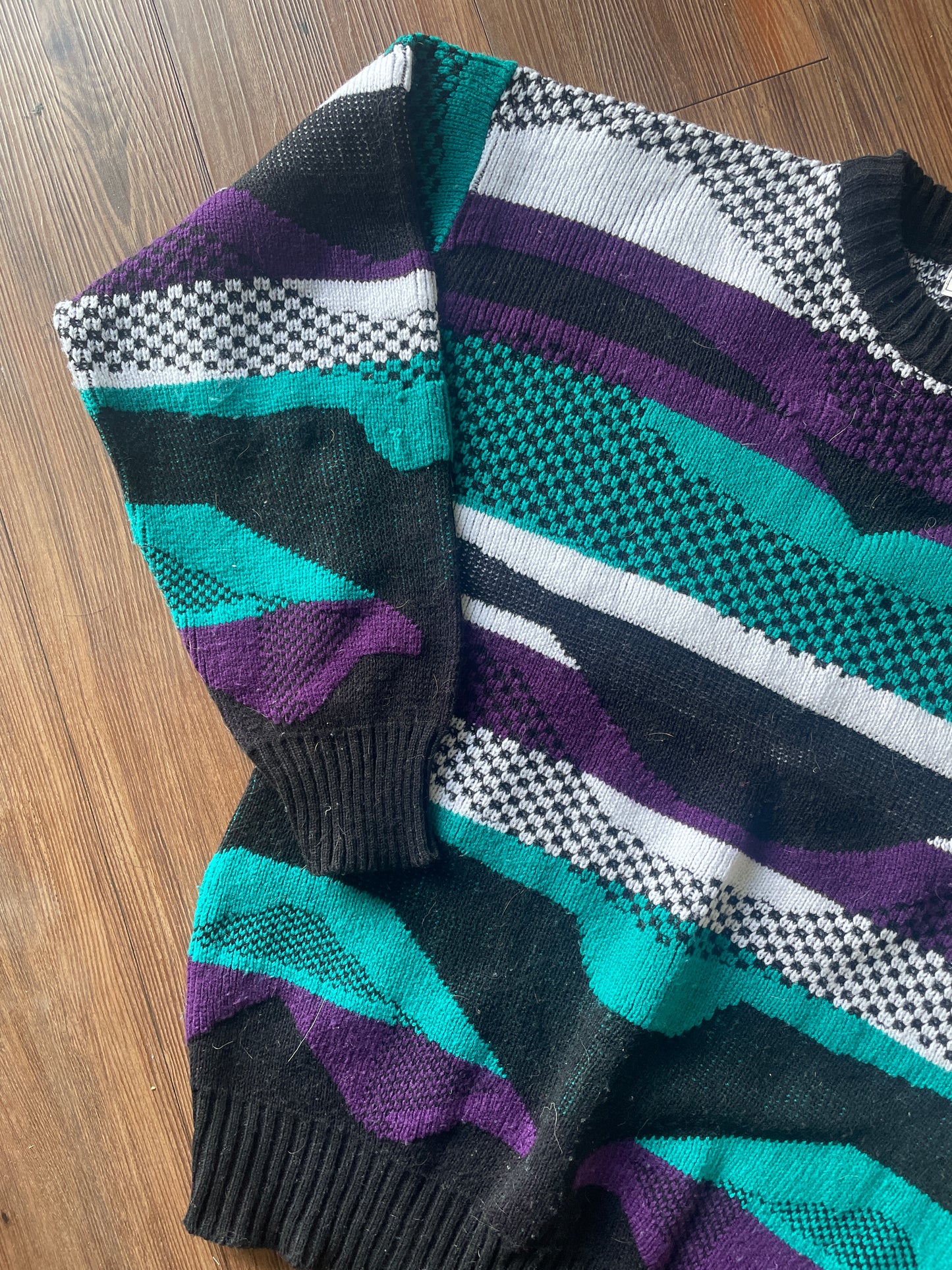 Medium The Sears Men’s Store Purple and Green Coogi-Style 90s Geometric Knit Sweater