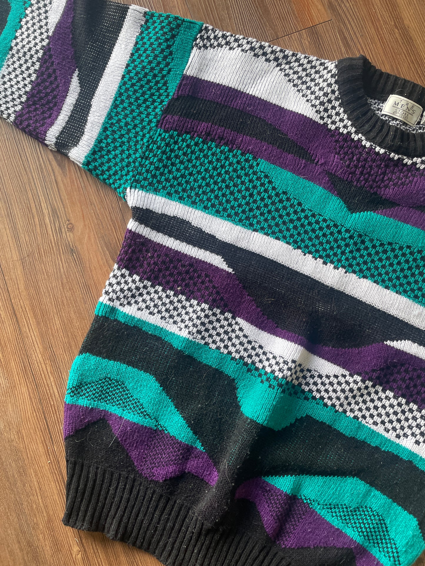 Medium The Sears Men’s Store Purple and Green Coogi-Style 90s Geometric Knit Sweater