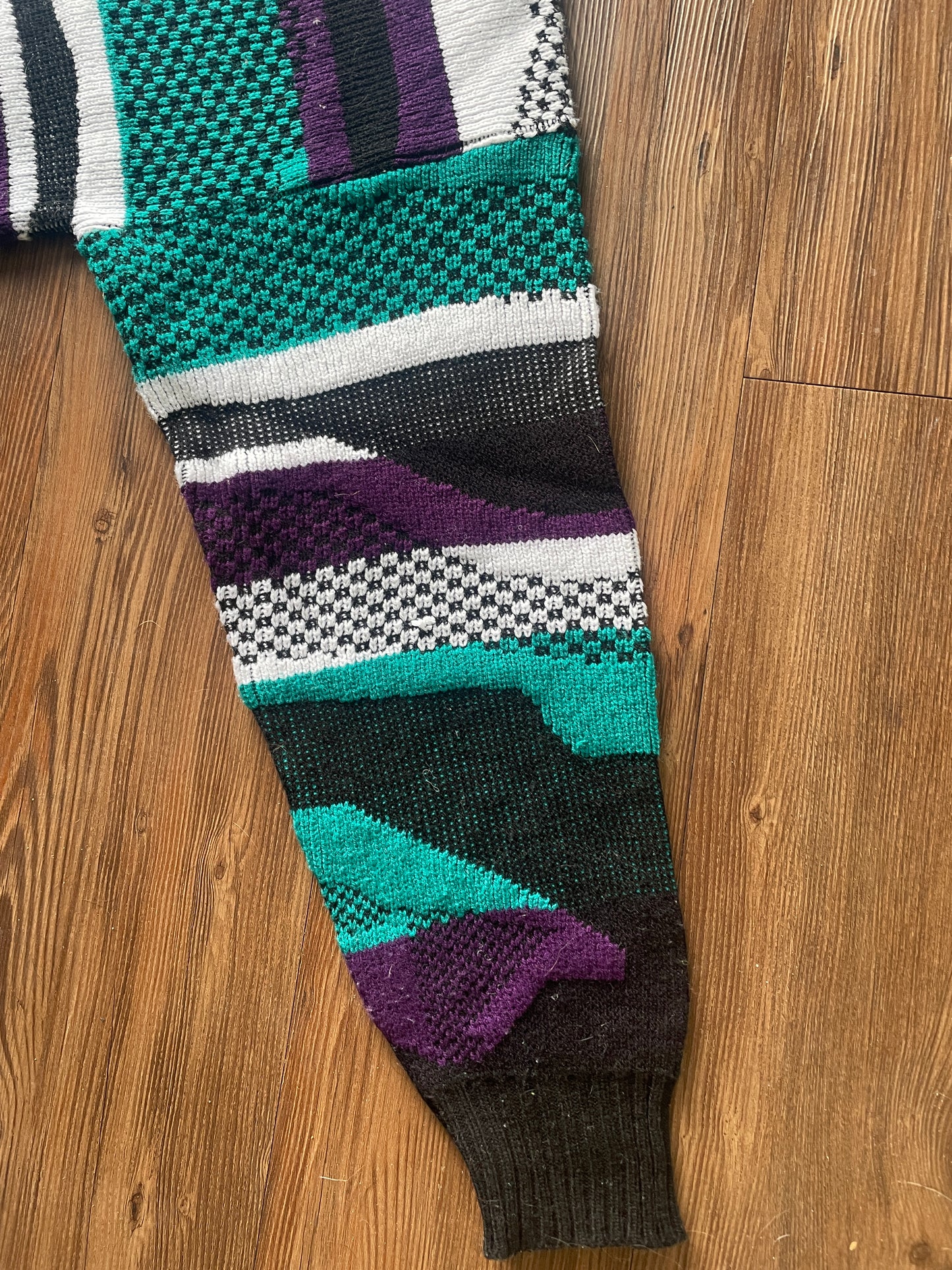 Medium The Sears Men’s Store Purple and Green Coogi-Style 90s Geometric Knit Sweater