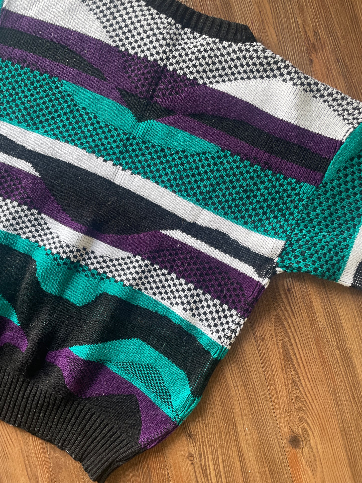 Medium The Sears Men’s Store Purple and Green Coogi-Style 90s Geometric Knit Sweater