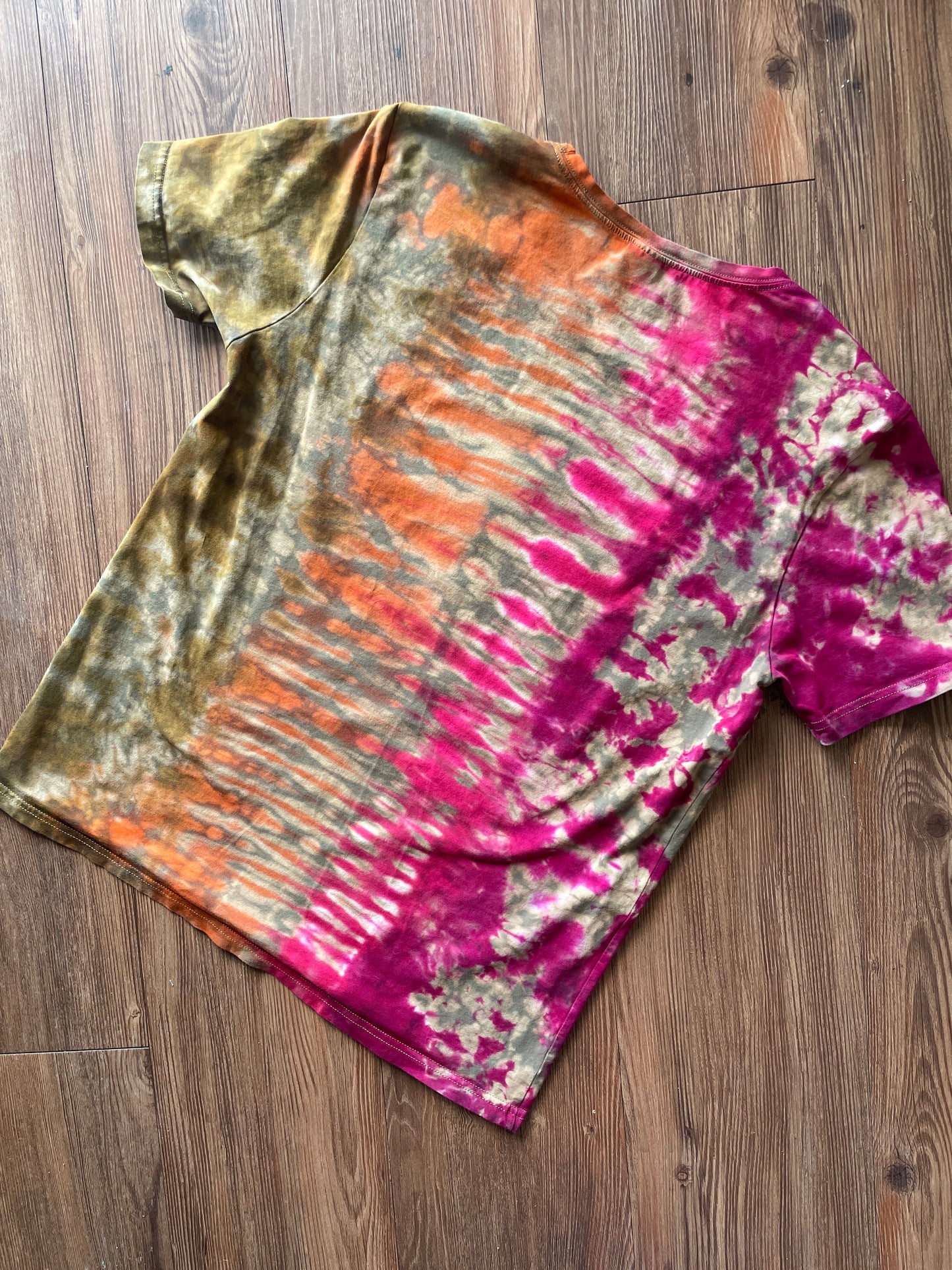 LARGE Women’s Happy and Sad Face You Decide Tie Dye T-Shirt | Green, Orange, and Pink Crumpled Handmade Short Sleeve Top
