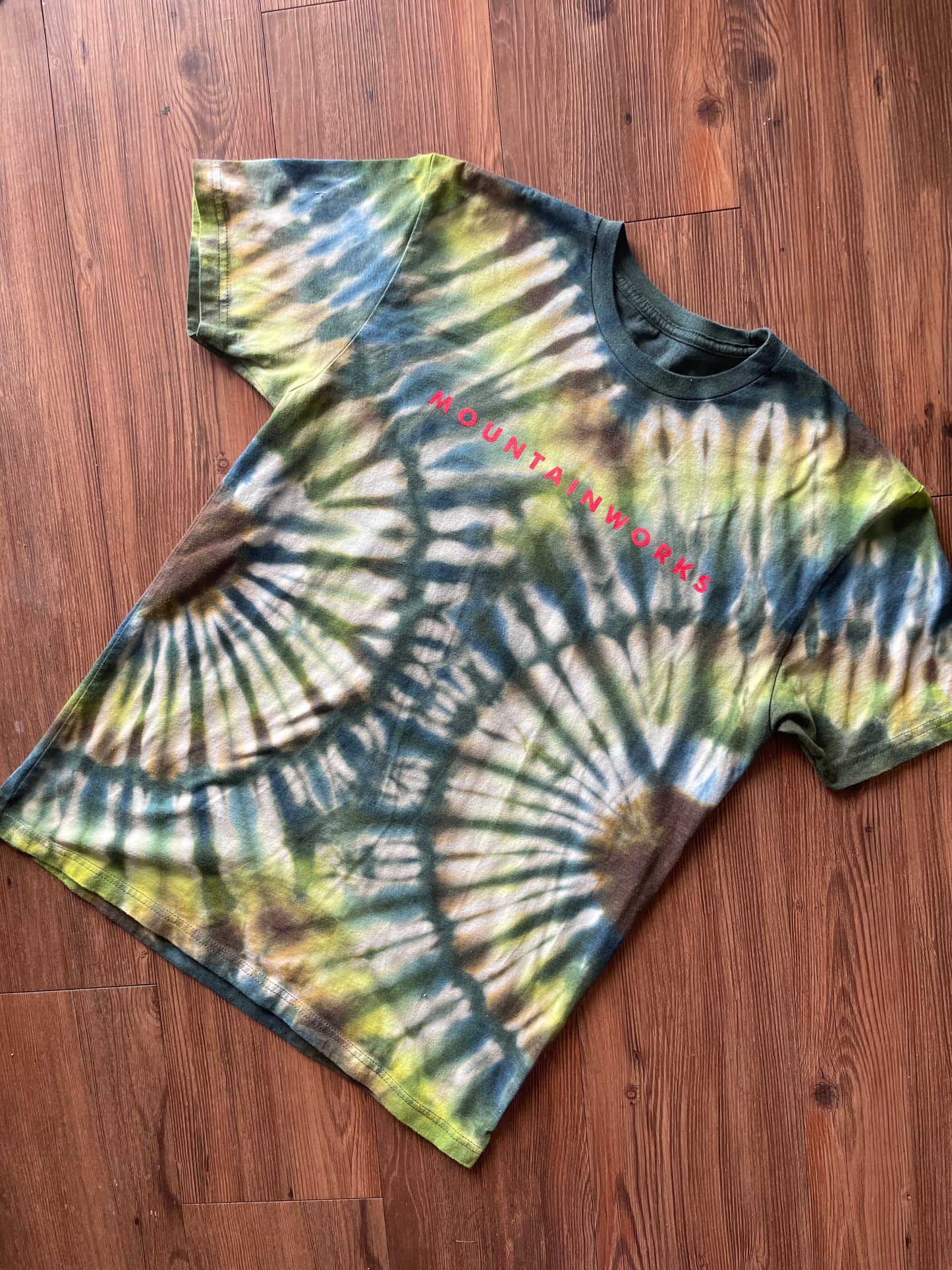Medium Men’s Mountain Works (Provo, Utah) Handmade Tie Dye T-Shirt | Green, Blue, and Brown Pleated Tie Dye Short Sleeve