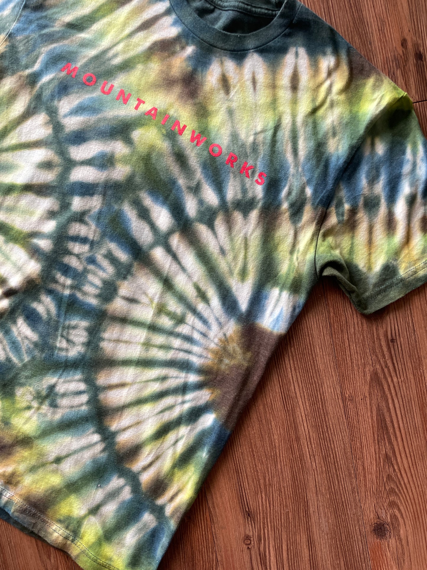 Medium Men’s Mountain Works (Provo, Utah) Handmade Tie Dye T-Shirt | Green, Blue, and Brown Pleated Tie Dye Short Sleeve