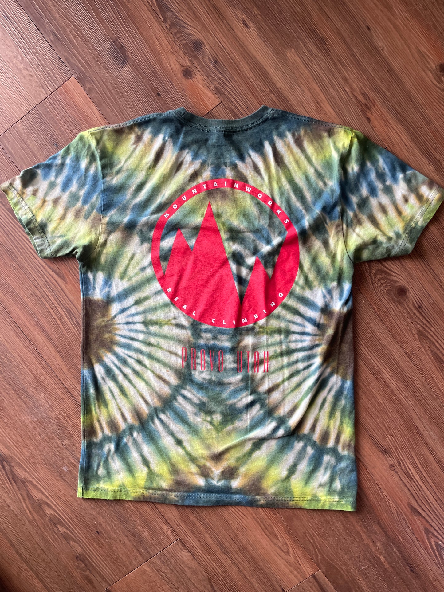Medium Men’s Mountain Works (Provo, Utah) Handmade Tie Dye T-Shirt | Green, Blue, and Brown Pleated Tie Dye Short Sleeve