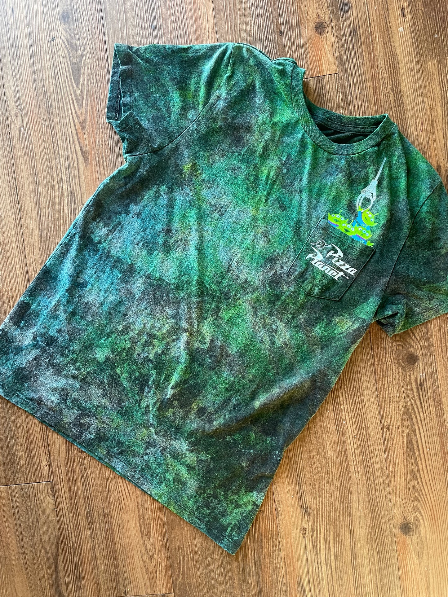 Medium Men’s Pizza Planet Handmade Tie Dye T-Shirt | Black and Green Toy Story Reverse Galaxy Short Sleeve