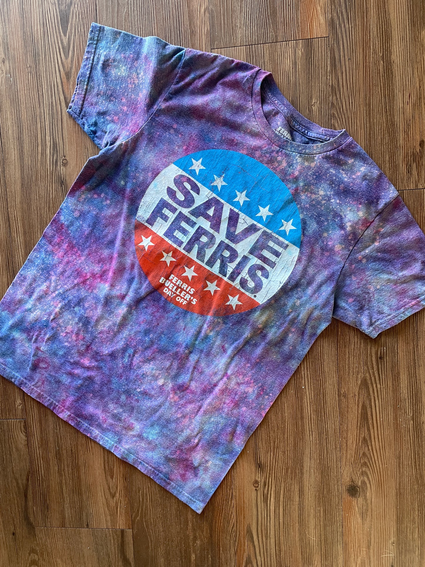 Medium Women’s Save Ferris Handmade Galaxy Tie Dye T-Shirt | Ferris Bueller’s Day Off Reverse Galaxy Short Sleeve