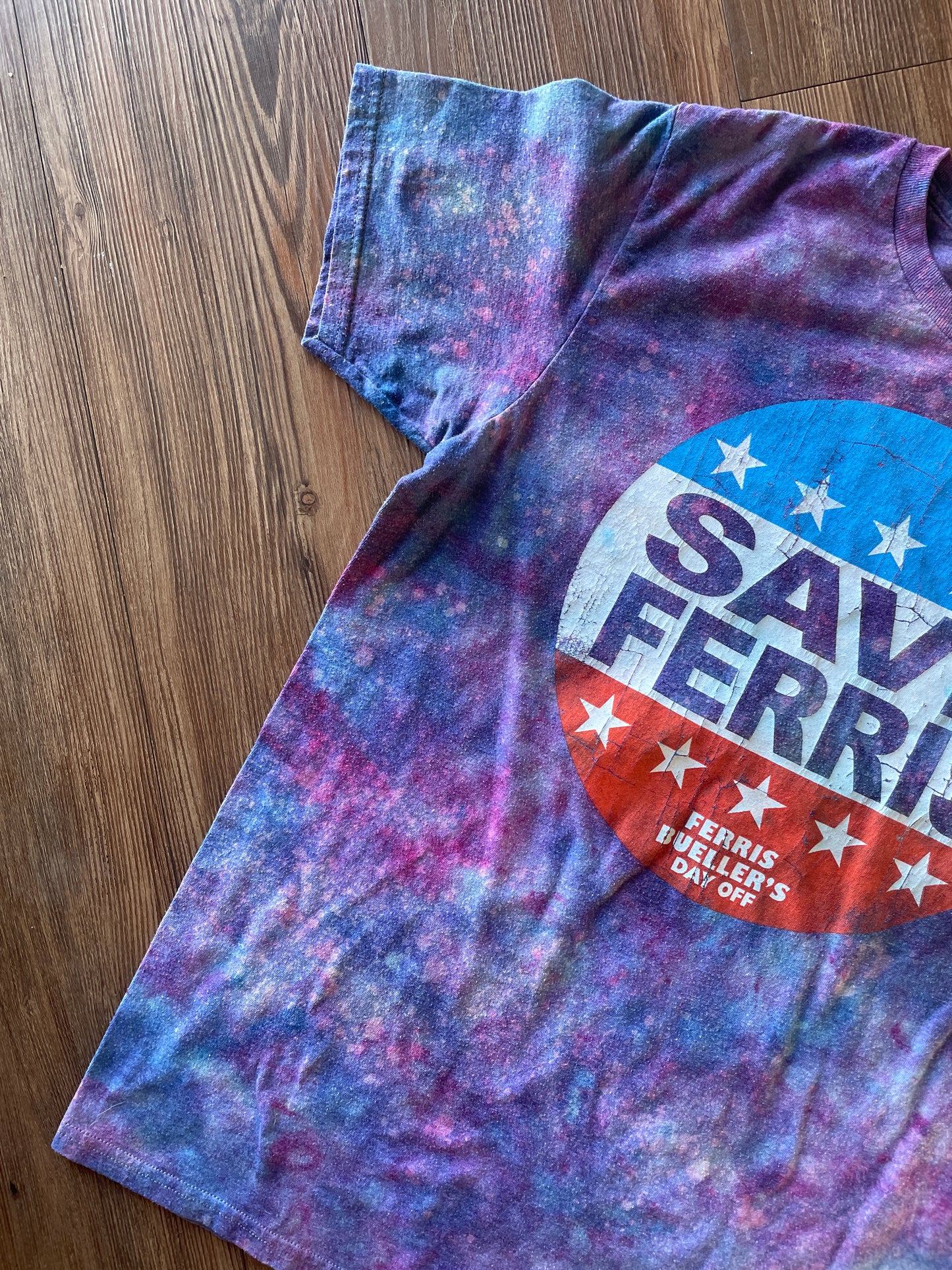 Medium Women’s Save Ferris Handmade Galaxy Tie Dye T-Shirt | Ferris Bueller’s Day Off Reverse Galaxy Short Sleeve