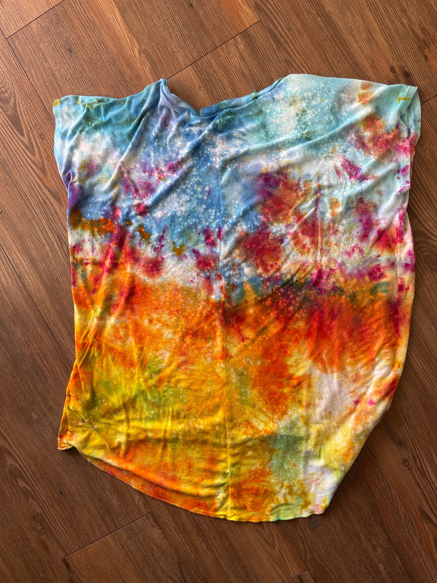 MEDIUM Women's good hYOUman Sunrise Galaxy Tie Dye Flowy T-Shirt | Blue, Pink and Yellow Ice Dye Short Sleeve