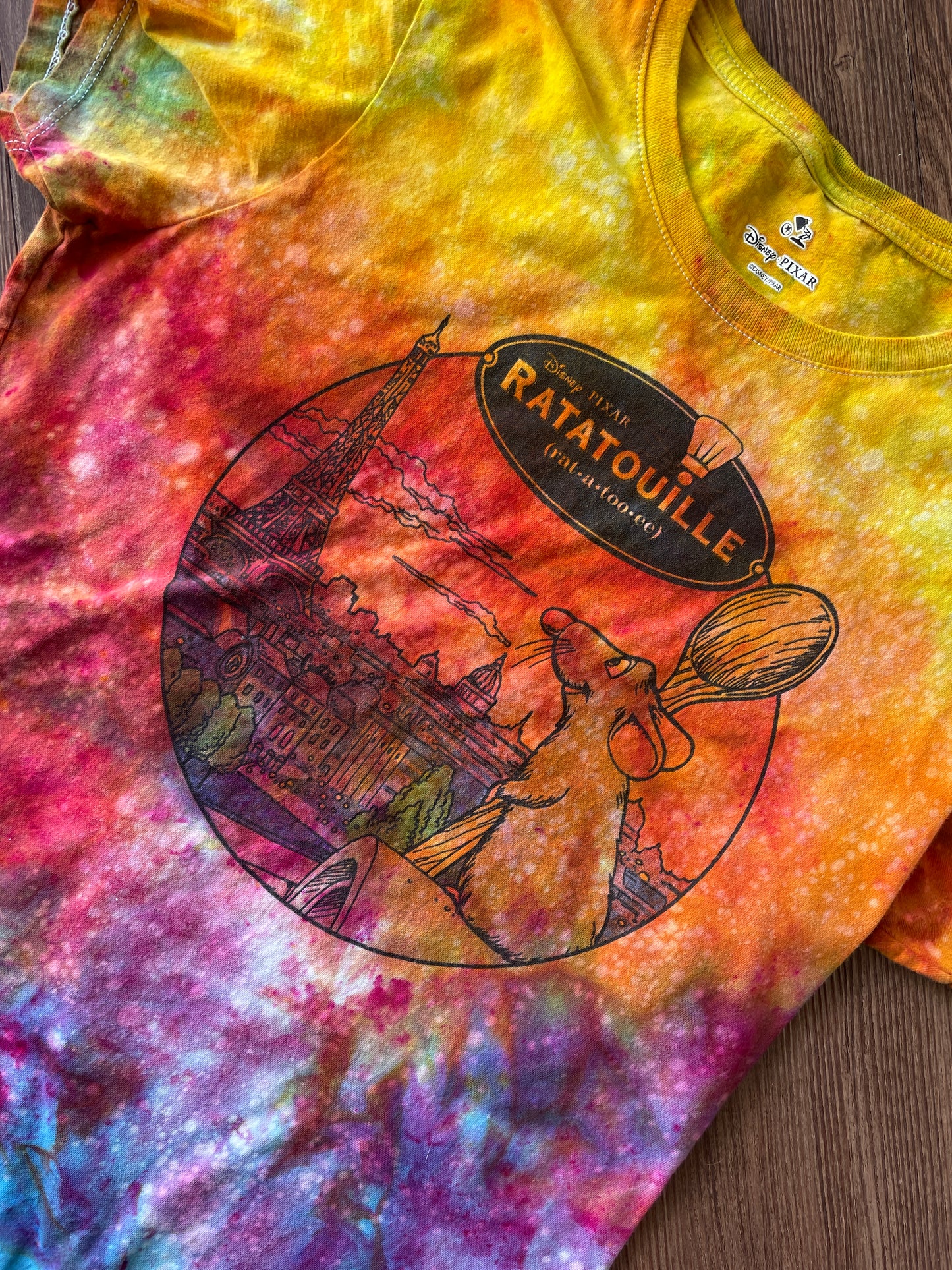 MEDIUM Women's Ratatoille Parise Sunrise Galaxy Tie Dye T-Shirt | Blue, Pink and Yellow Ice Dye Short Sleeve