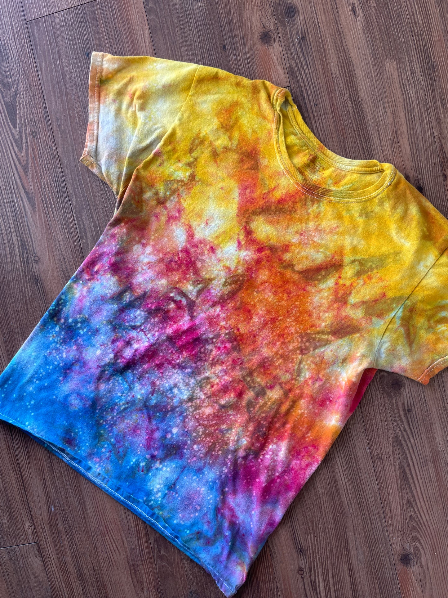 MEDIUM Men's Sunrise Galaxy Tie Dye T-Shirt | Blue, Pink and Yellow Ice Dye Short Sleeve