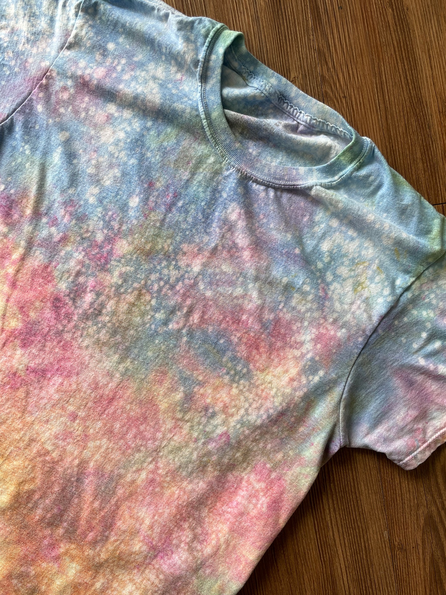 MEDIUM Men's Pastel Sunrise Galaxy Tie Dye T-Shirt | Blue, Pink and Yellow Ice Dye Short Sleeve