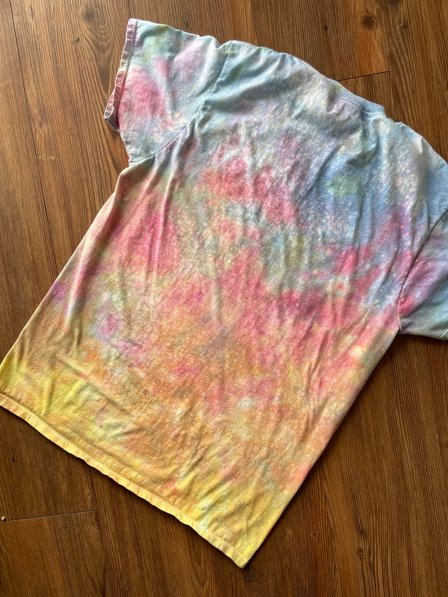 MEDIUM Men's Pastel Sunrise Galaxy Tie Dye T-Shirt | Blue, Pink and Yellow Ice Dye Short Sleeve