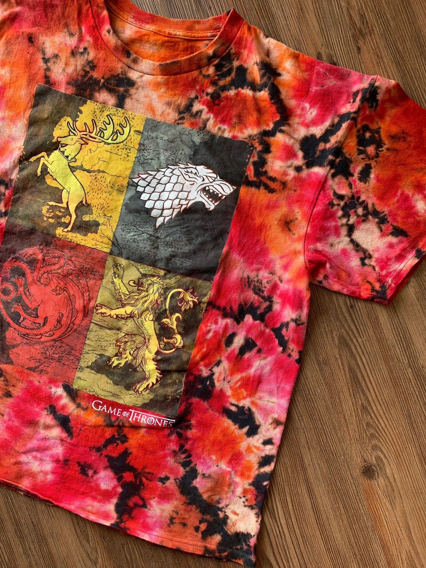 Game of Thrones Houses Handmade Reverse Tie Dye t-shirt | Bleach Acid Dye Men's L/XL Short Sleeve Top | Upcycled & Tie Dyed by Hand