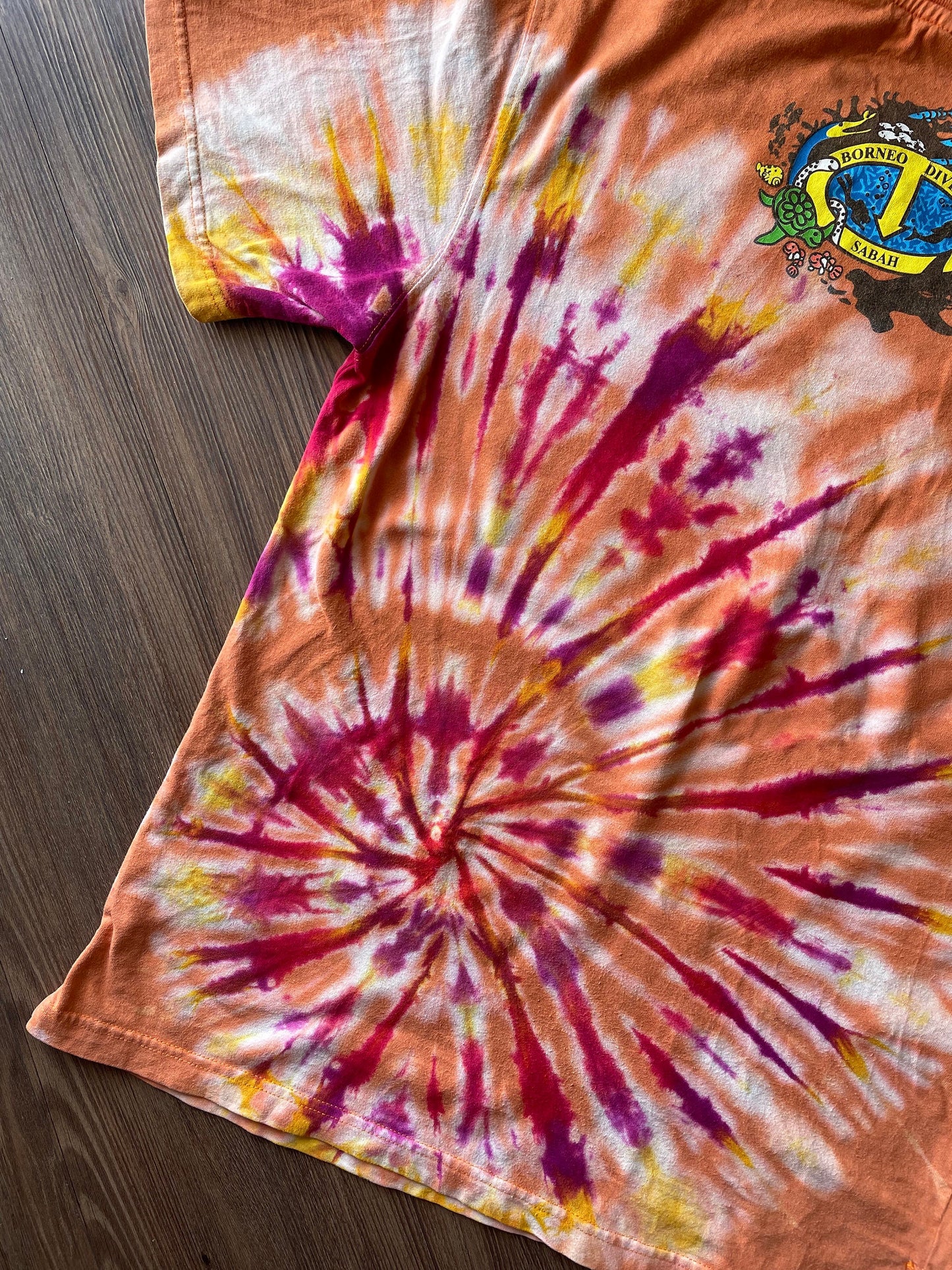 Borneo Divers Mabul Resort Handmade Reverse Tie Dye t-shirt | Orange Scuba Diving Souvenir Unisex Medium Short Sleeve Top