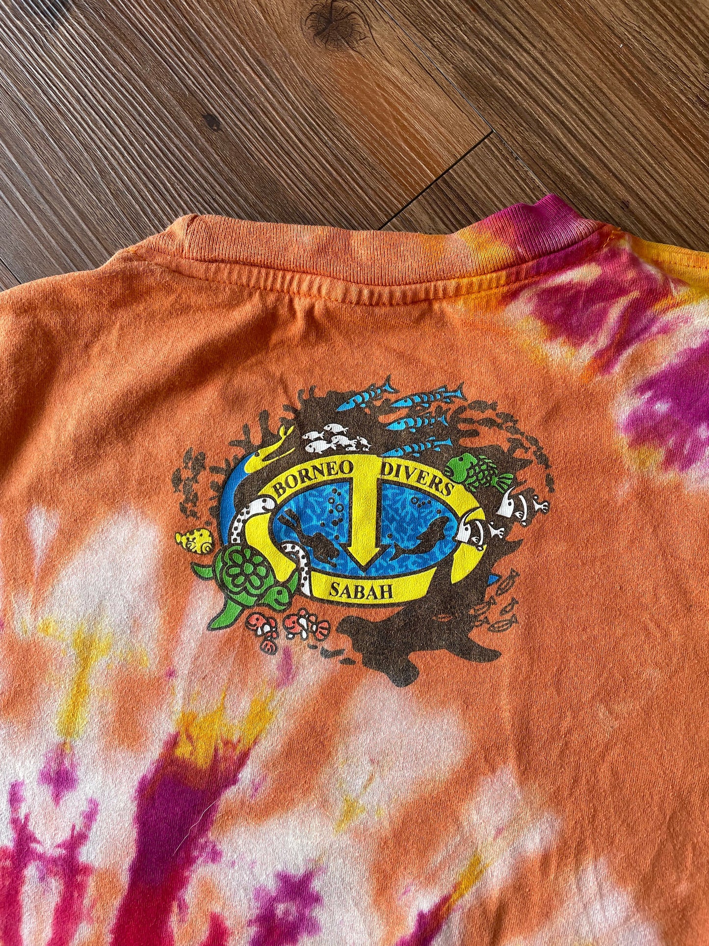 Borneo Divers Mabul Resort Handmade Reverse Tie Dye t-shirt | Orange Scuba Diving Souvenir Unisex Medium Short Sleeve Top