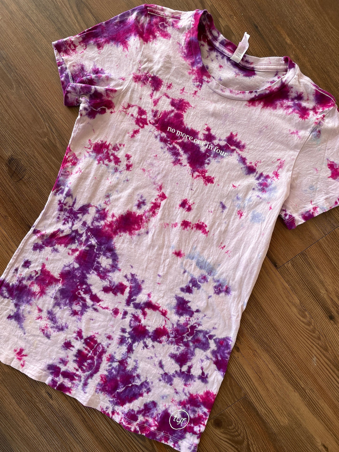 No More 1 in 4 Handmade Tie Dye t-shirt | Sexual Abuse Awareness Short Sleeve Top Women’s Medium | Sustainably Made