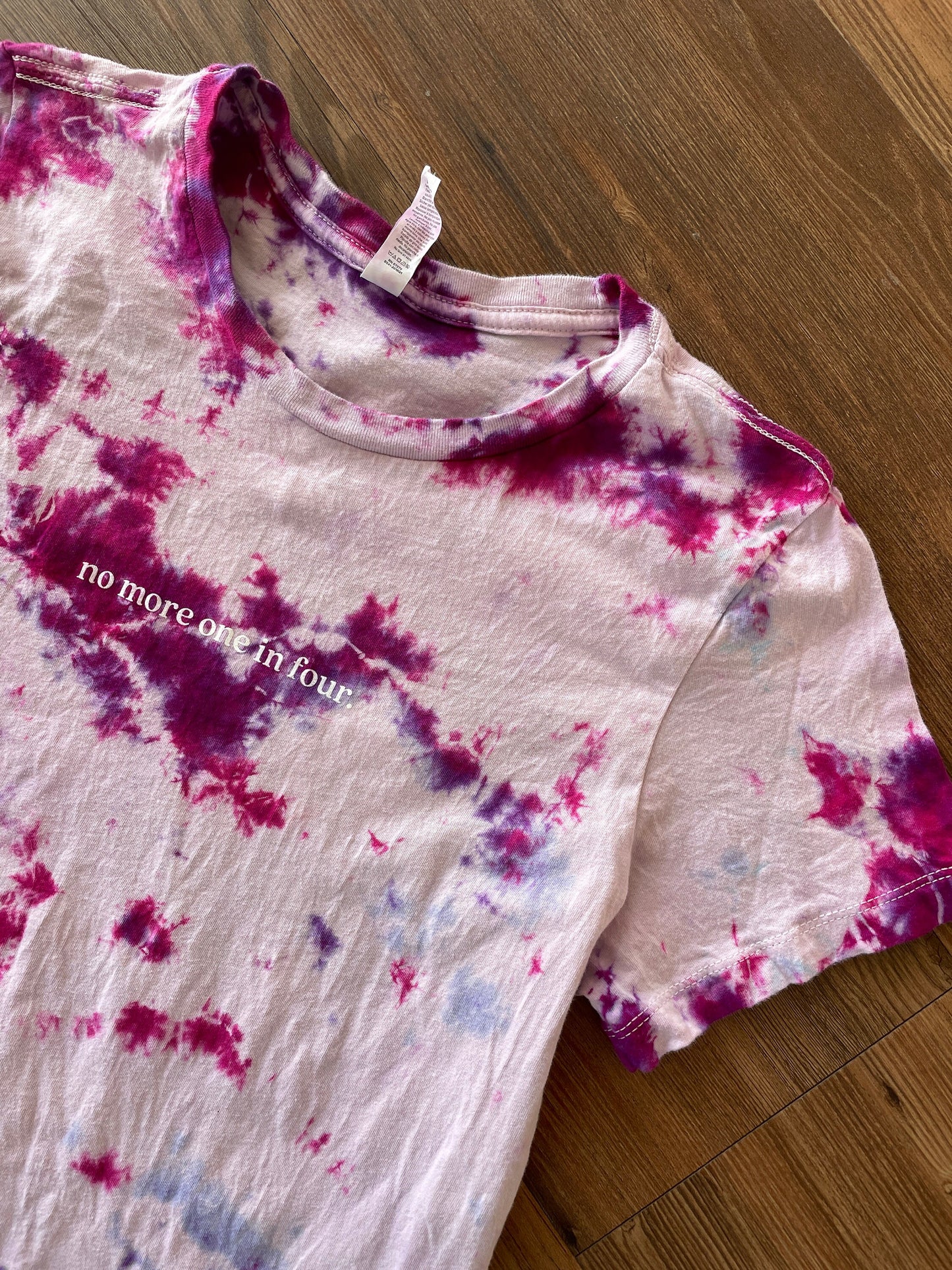 No More 1 in 4 Handmade Tie Dye t-shirt | Sexual Abuse Awareness Short Sleeve Top Women’s Medium | Sustainably Made