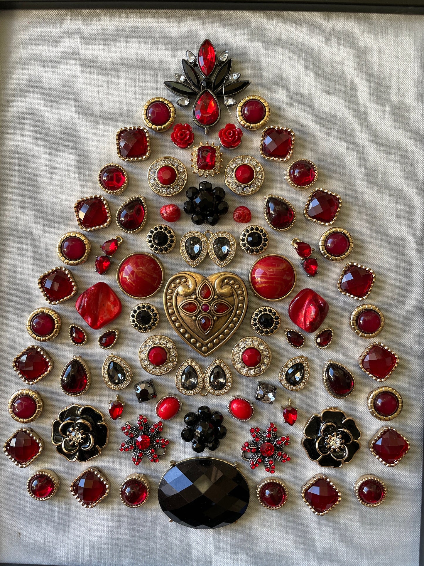 Black, Red, and Gold Framed Jewelry Christmas Tree Handmade with Over 50 Pieces of Vintage & Upcycled Jewelry