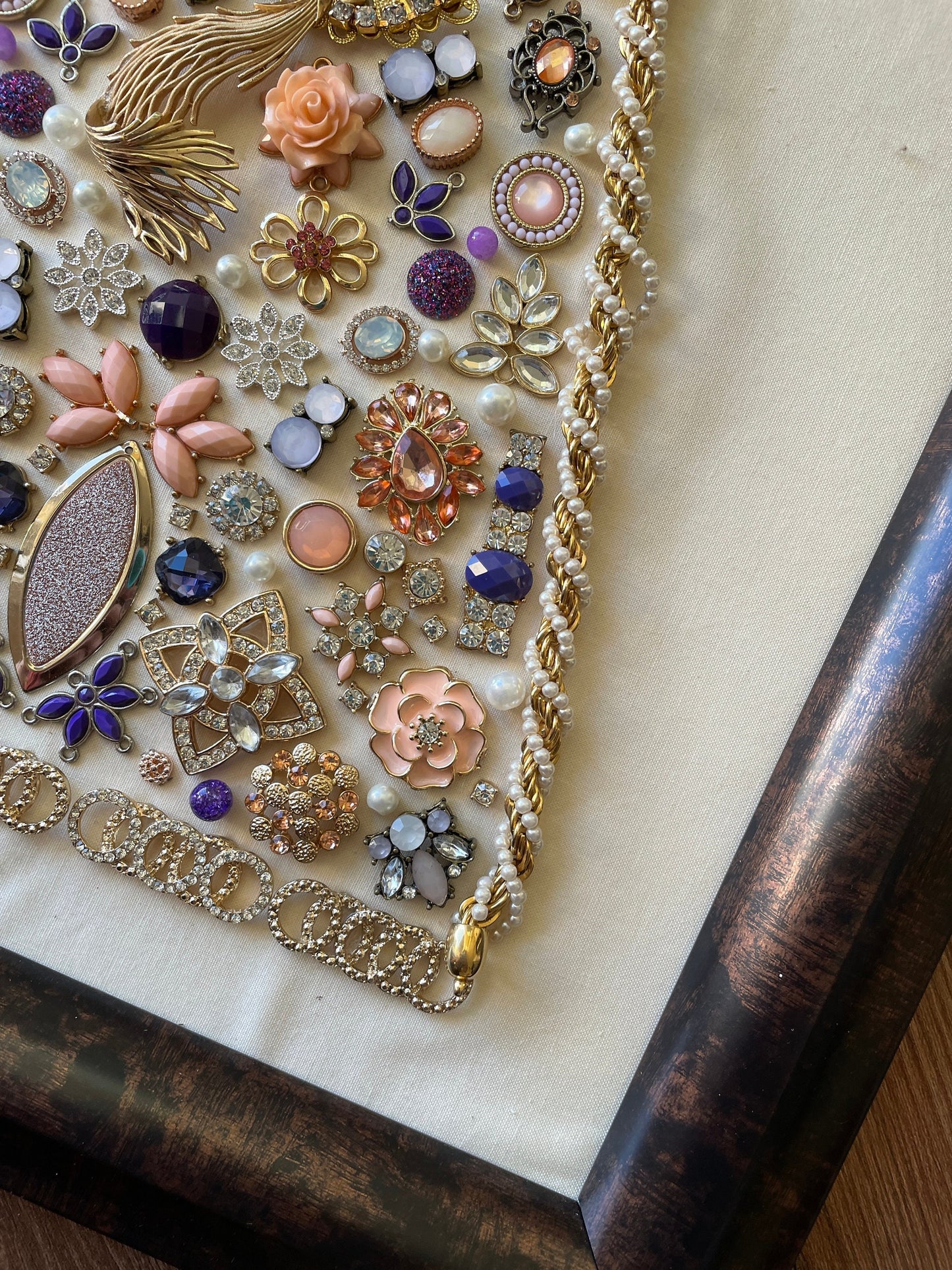 White, Purple, and Gold Framed Jewelry Christmas Tree Handmade with Over 70 Pieces of Vintage & Upcycled Jewelry