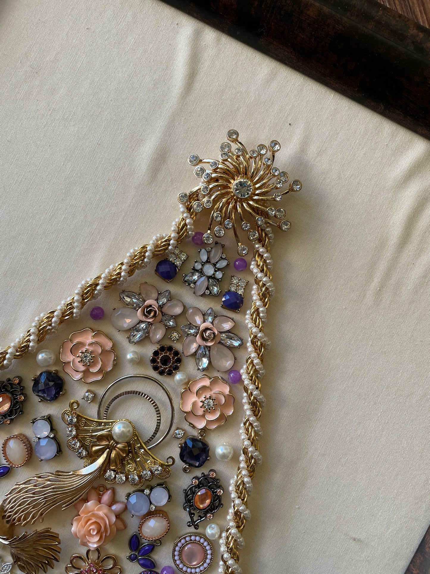 White, Purple, and Gold Framed Jewelry Christmas Tree Handmade with Over 70 Pieces of Vintage & Upcycled Jewelry