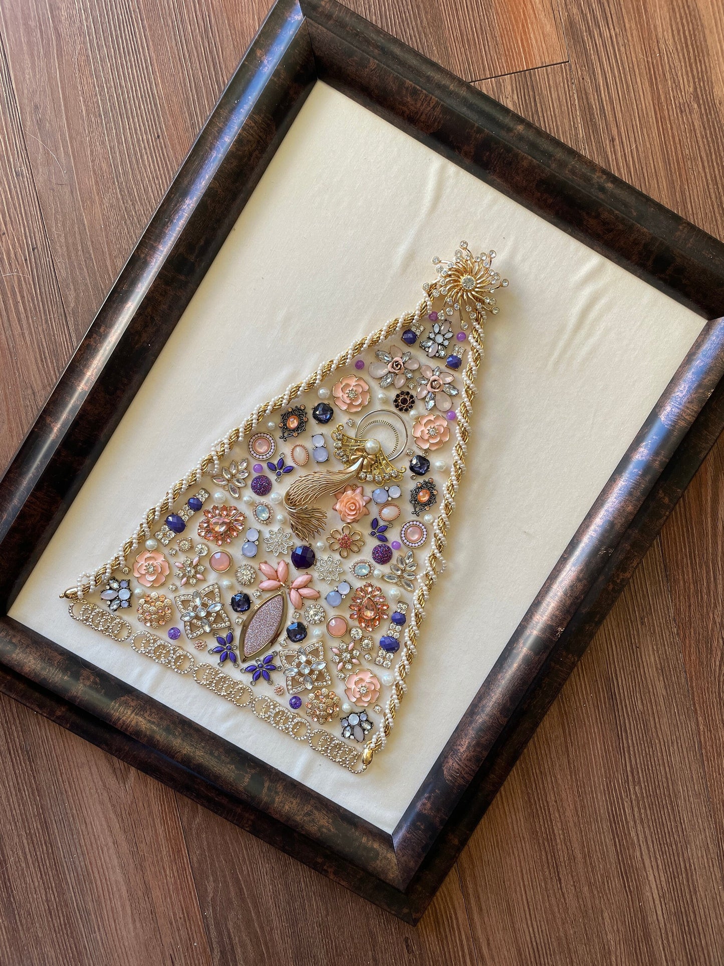 White, Purple, and Gold Framed Jewelry Christmas Tree Handmade with Over 70 Pieces of Vintage & Upcycled Jewelry