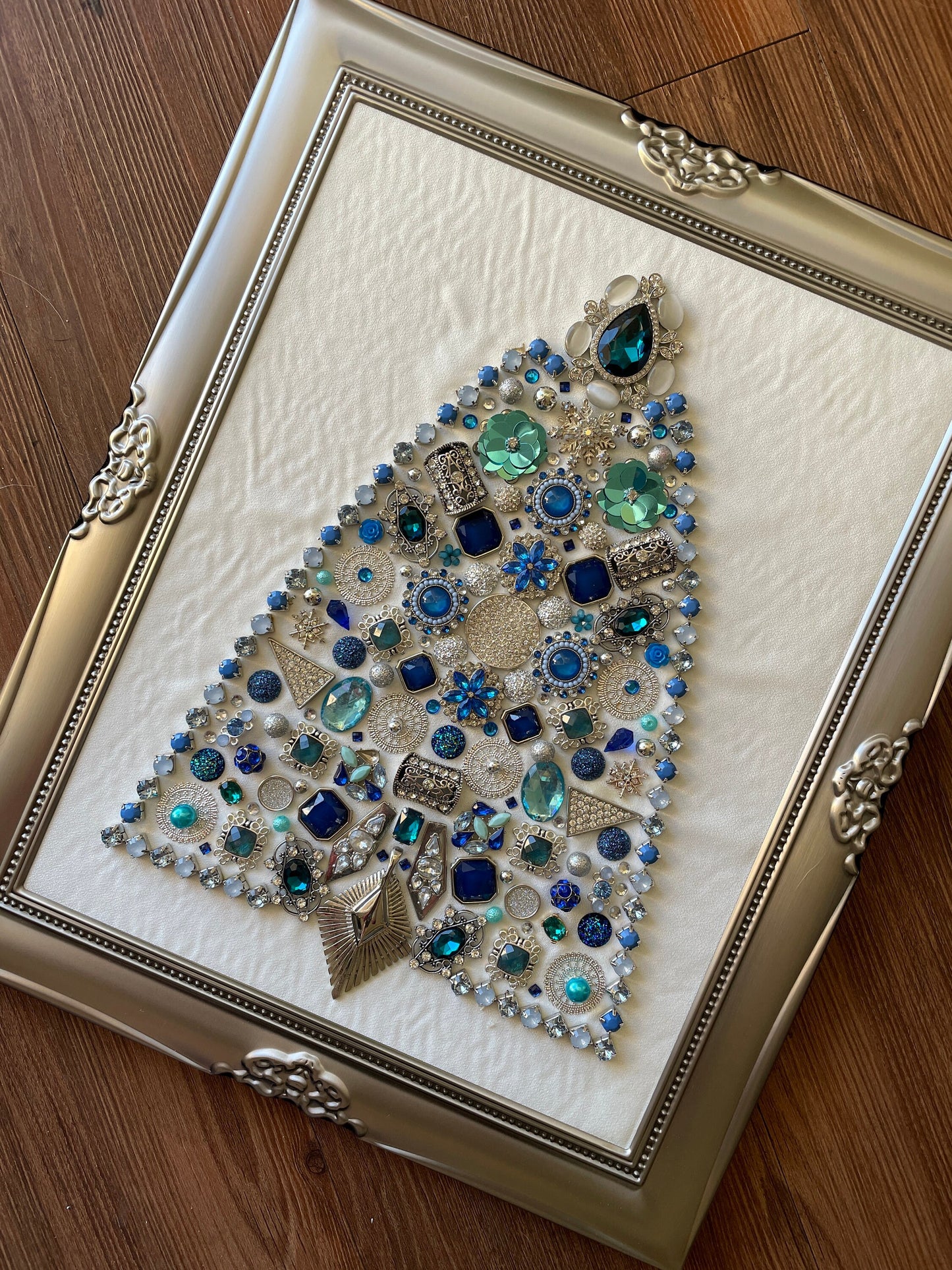 Blue and Silver Framed Jewelry Christmas Tree Handmade with Over 60 Pieces of Vintage & Upcycled Jewelry