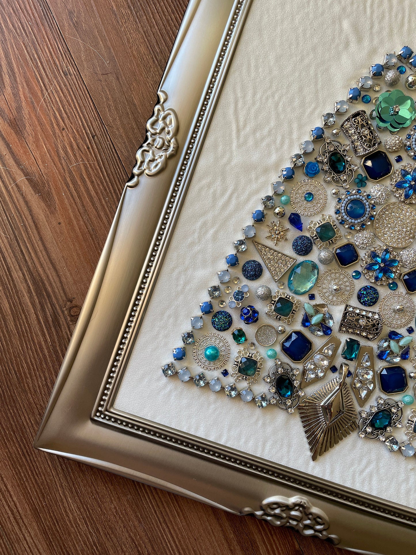 Blue and Silver Framed Jewelry Christmas Tree Handmade with Over 60 Pieces of Vintage & Upcycled Jewelry