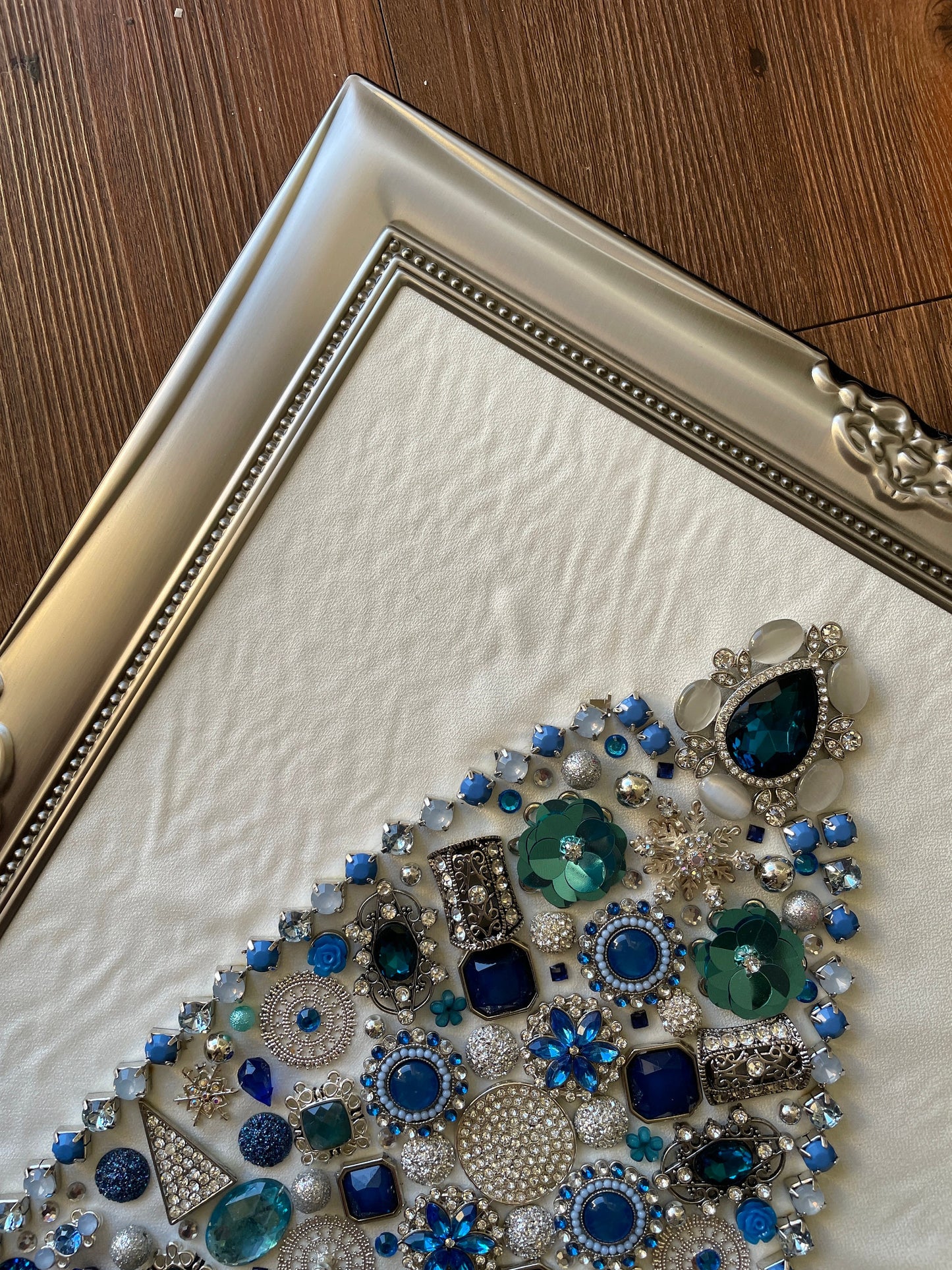 Blue and Silver Framed Jewelry Christmas Tree Handmade with Over 60 Pieces of Vintage & Upcycled Jewelry