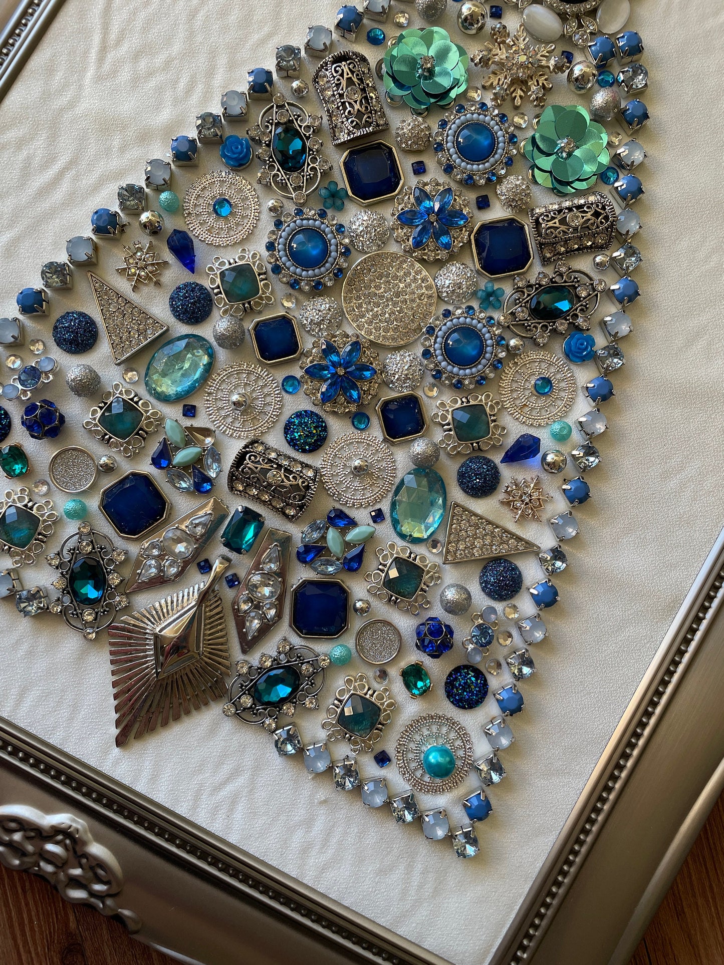 Blue and Silver Framed Jewelry Christmas Tree Handmade with Over 60 Pieces of Vintage & Upcycled Jewelry
