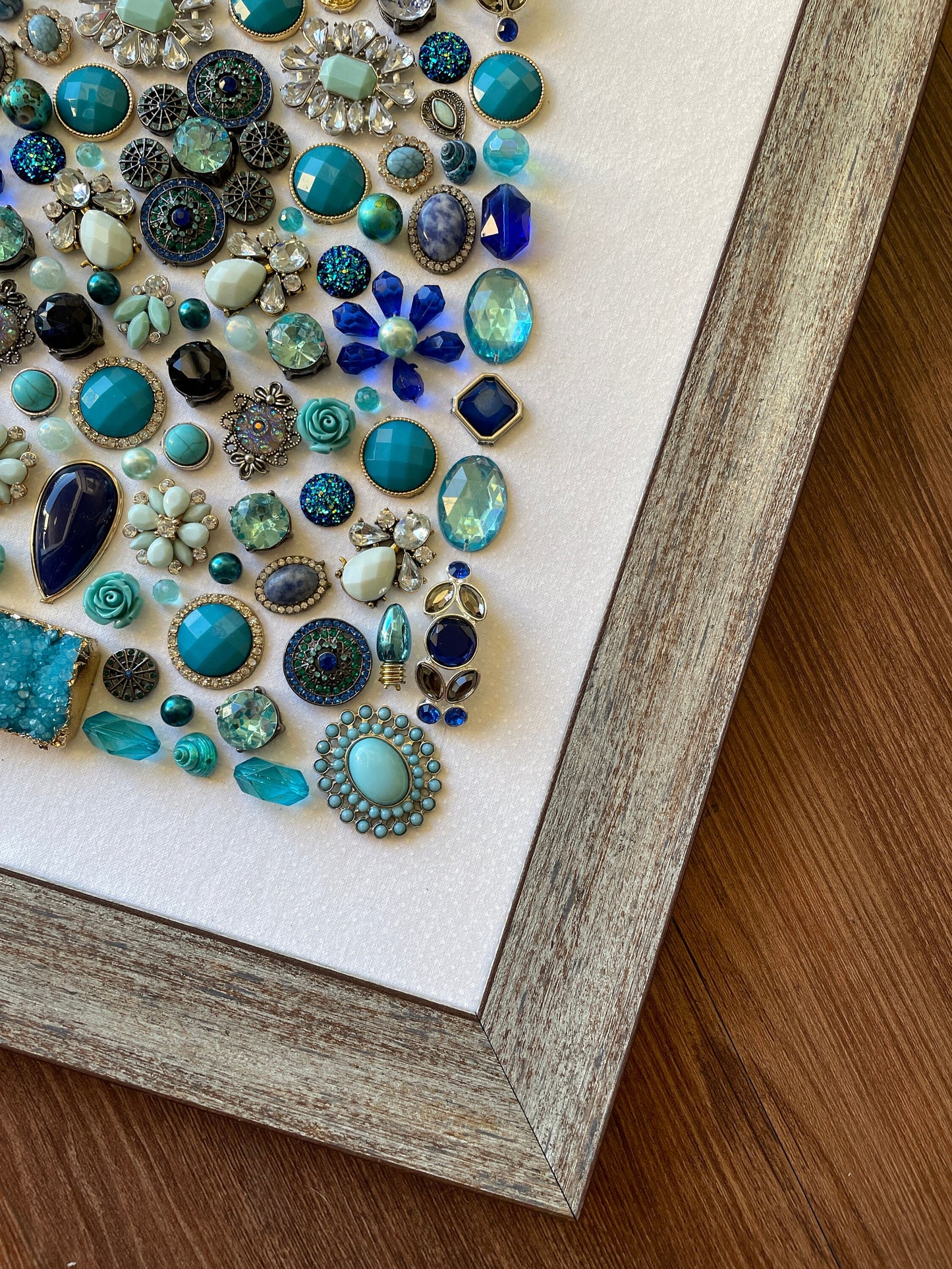 Blue, Silver, and Gray Framed Jewelry Christmas Tree Handmade with Over 60 Pieces of Vintage & Upcycled Jewelry