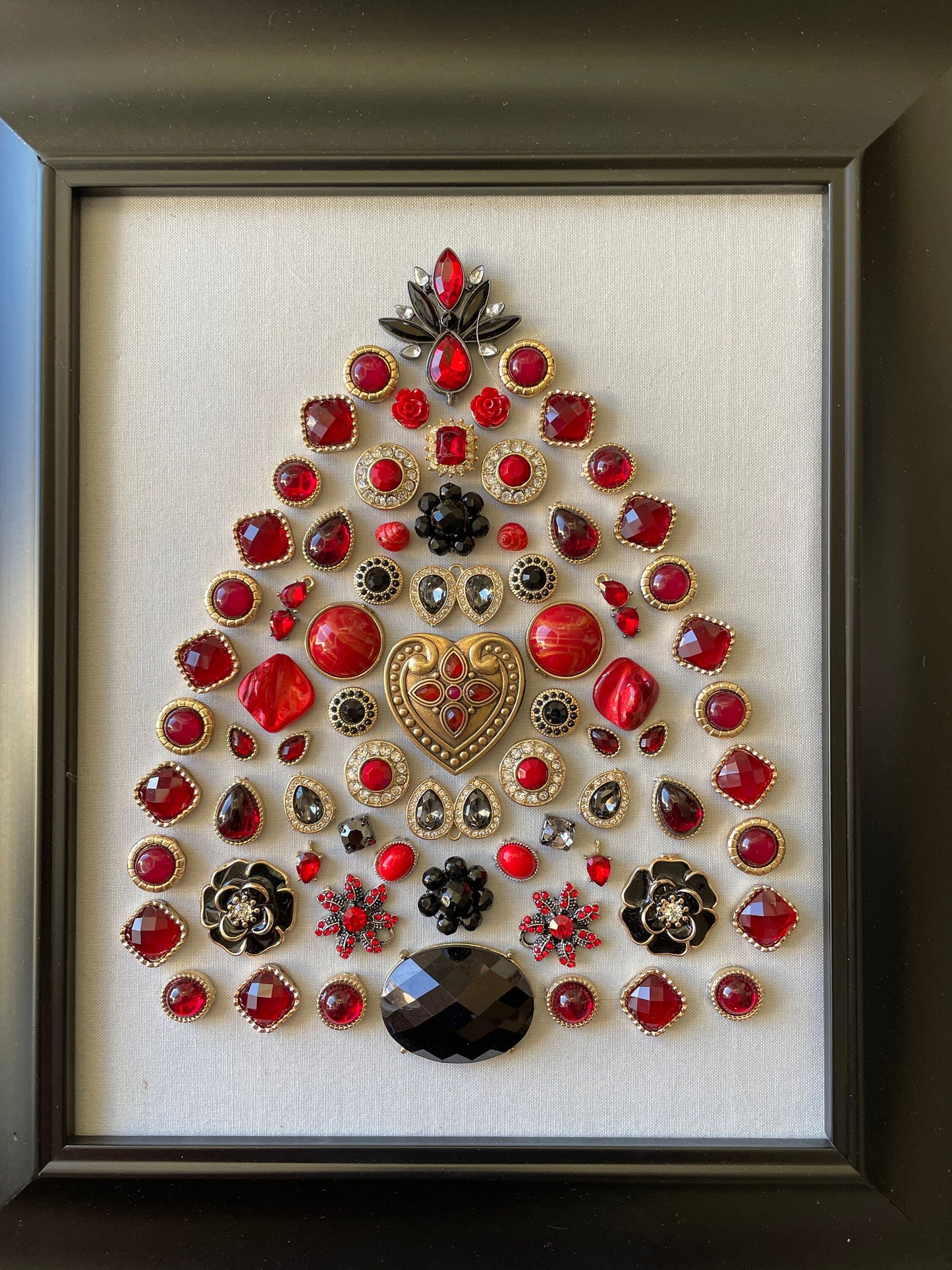 Black, Red, and Gold Framed Jewelry Christmas Tree Handmade with Over 50 Pieces of Vintage & Upcycled Jewelry