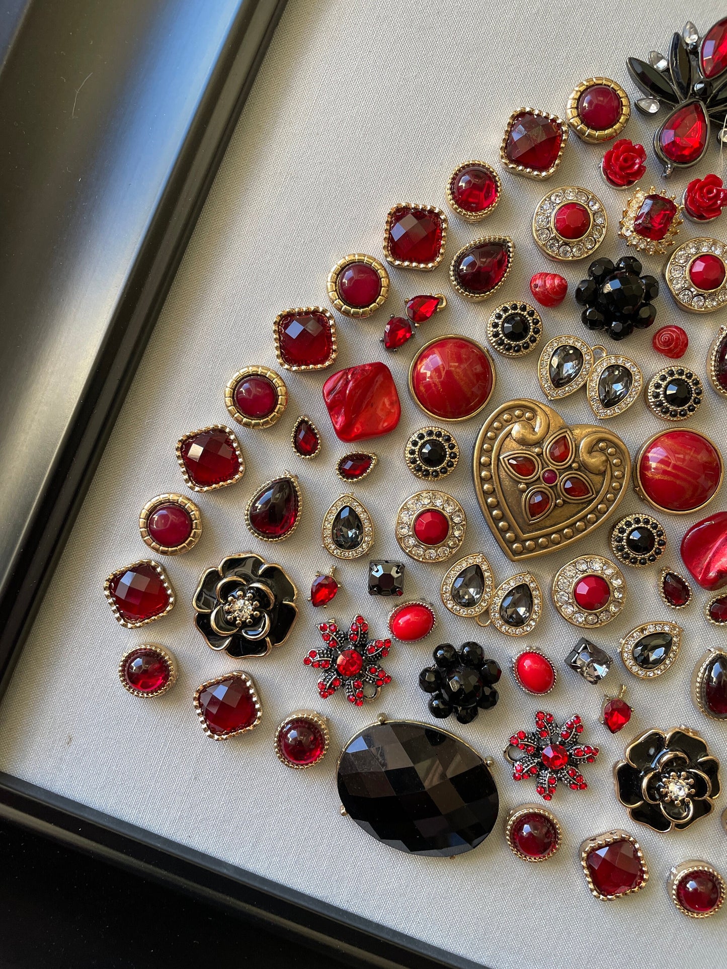 Black, Red, and Gold Framed Jewelry Christmas Tree Handmade with Over 50 Pieces of Vintage & Upcycled Jewelry